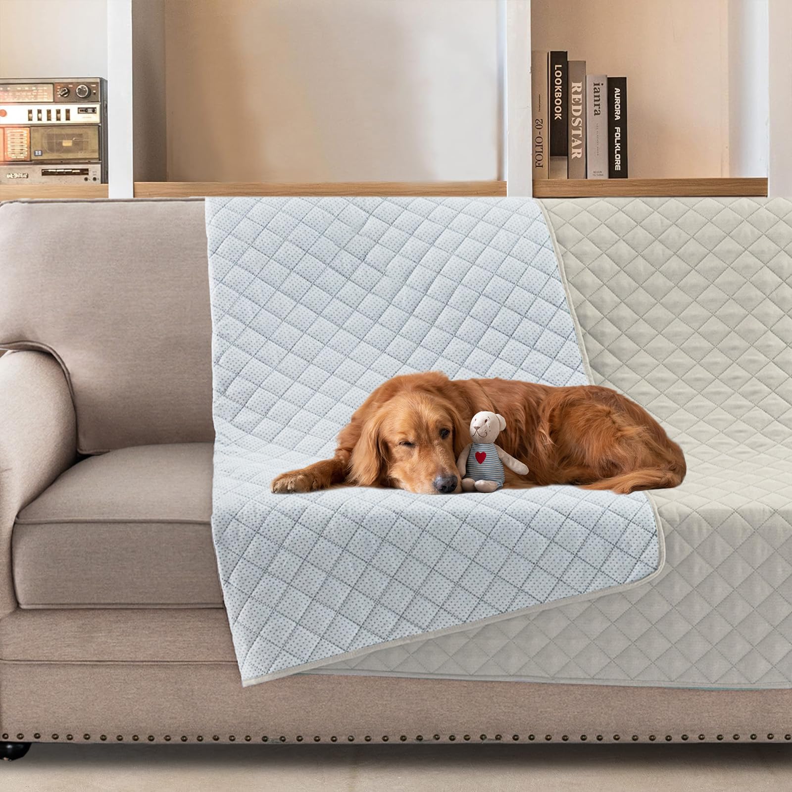 BellaHills Water Repellent Dog Blanket for Bed Sofa Cover Pet Throw, Washable Mattress Protector Furniture Protector for Dog/Pet/Cat, 208x259cm, Ivory