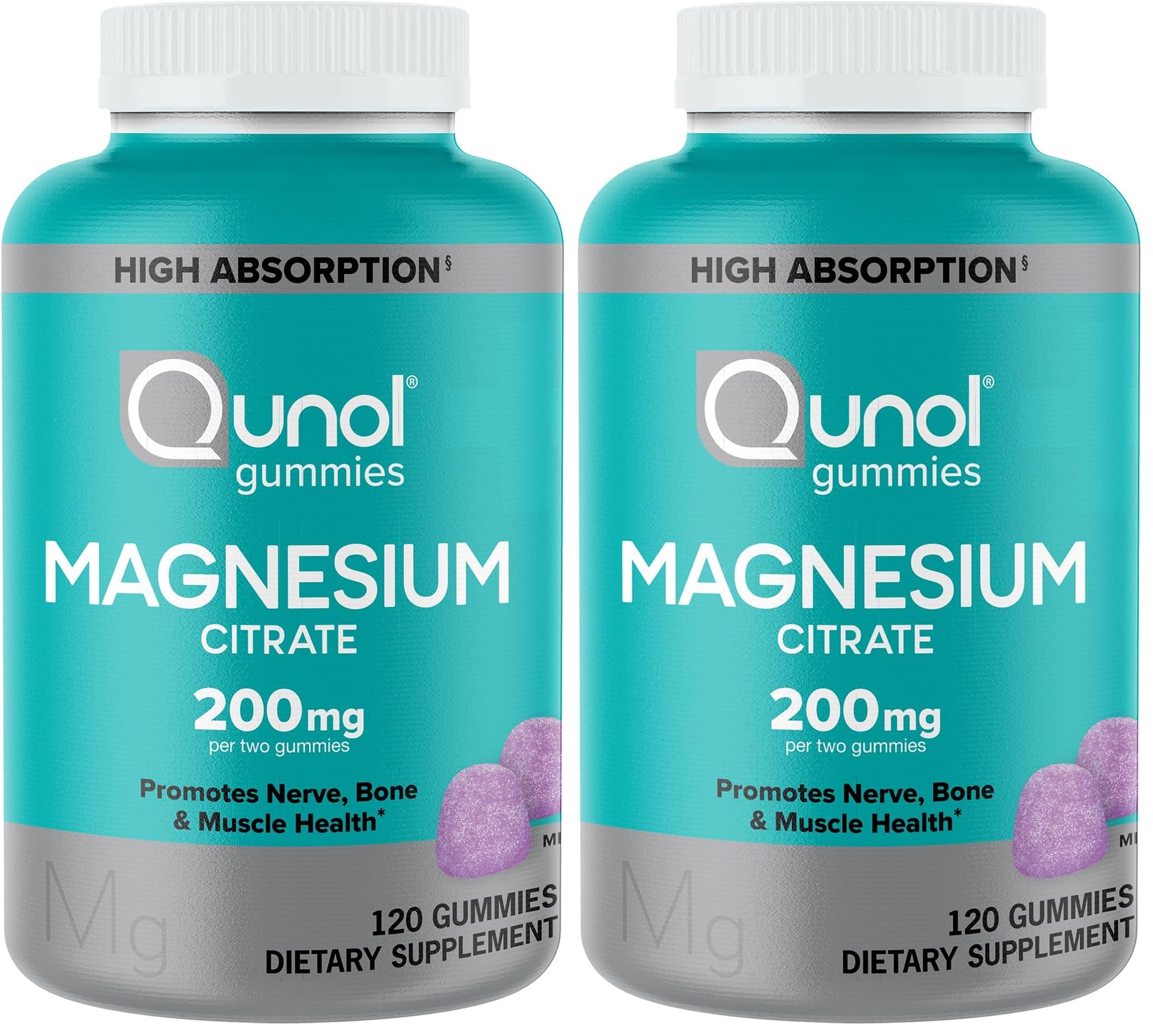Qunol Magnesium Gummies for Adults, 200mg Elemental Mg (from 1,750mg Magnesium-Citrate),High Absorption Mg-Supplement,Supports Nerve,Bone & Muscle Health,Vegetarian,120 Count(Pack of 2) Berry 120 Count (Pack of 2)