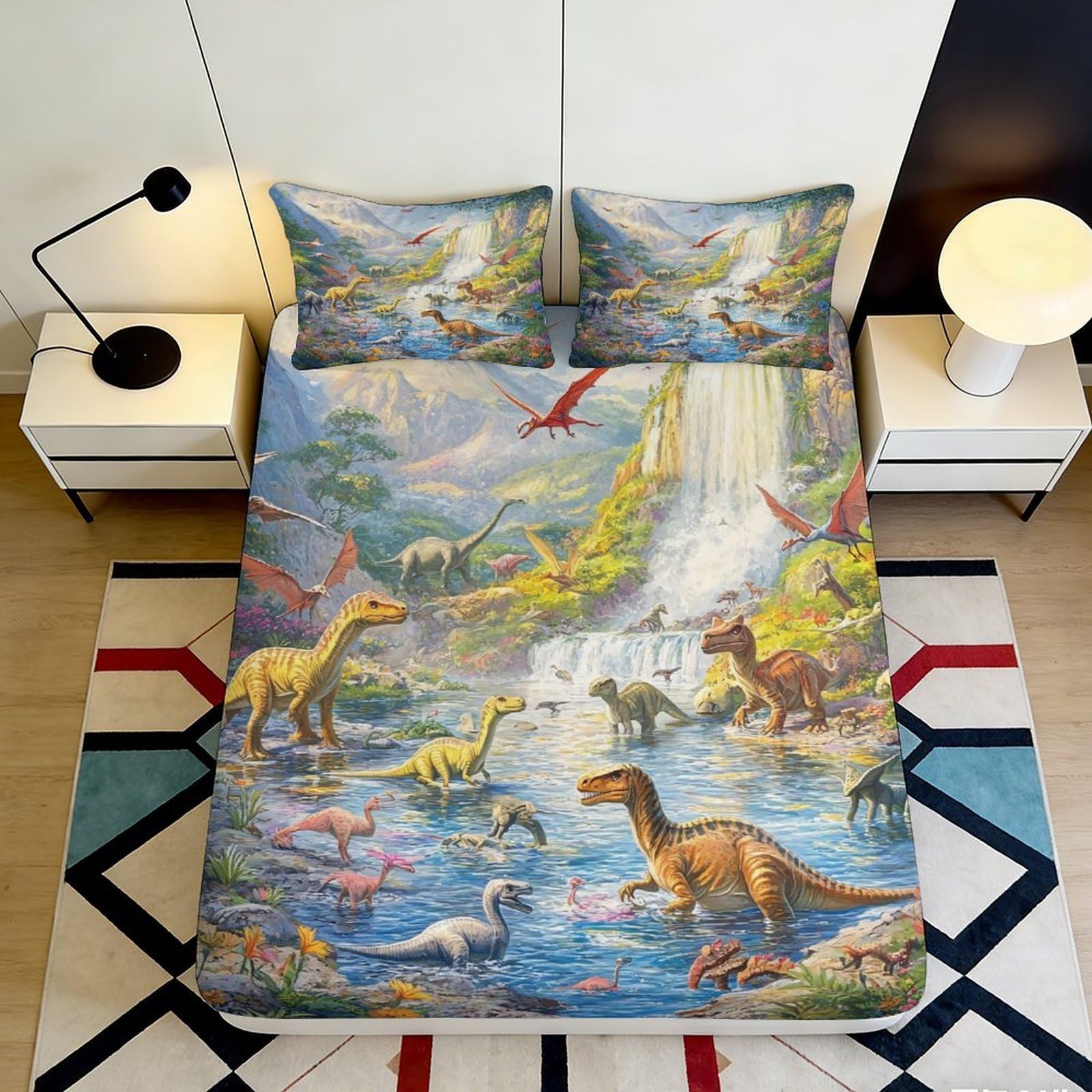3D Printed Dinosaur Forest Fitted Sheet Microfiber Soft Waterfall Scene Bed Cover for Bedroom Decor 90x200x25cm