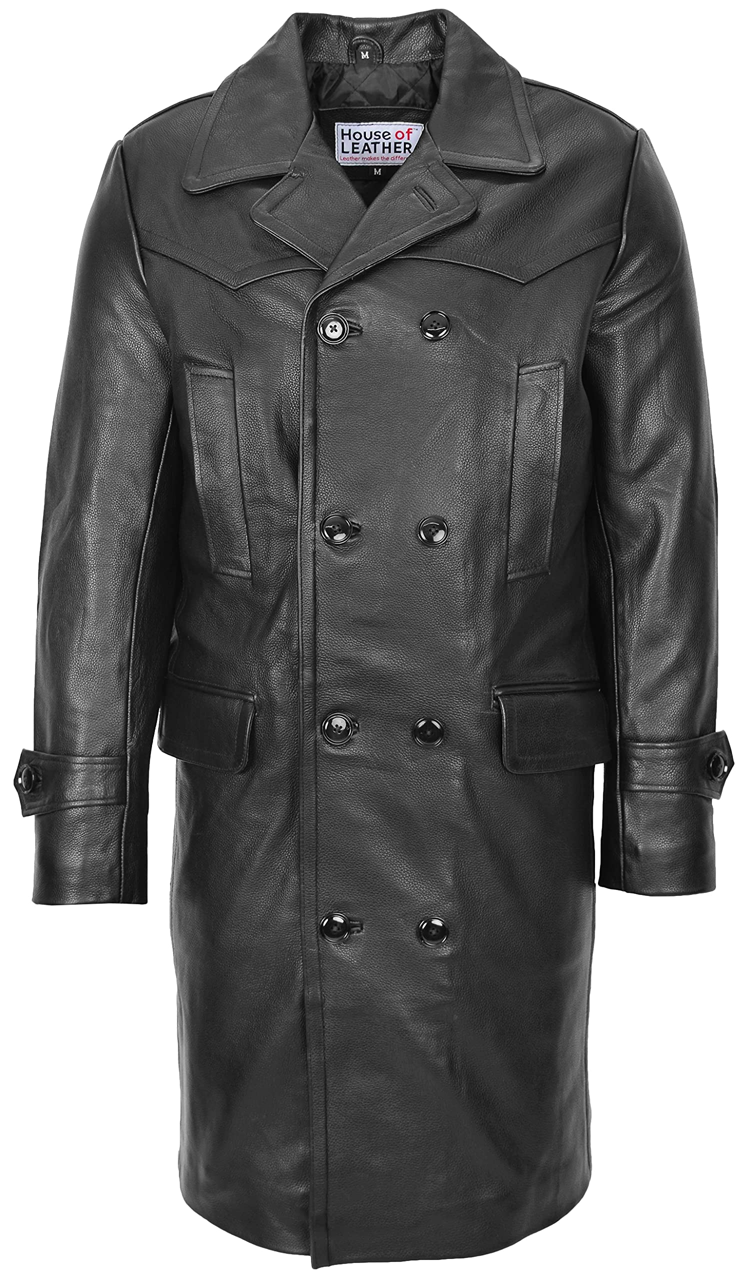 Mens Real Leather 3/4 Length Coat Double Breasted Trench Style