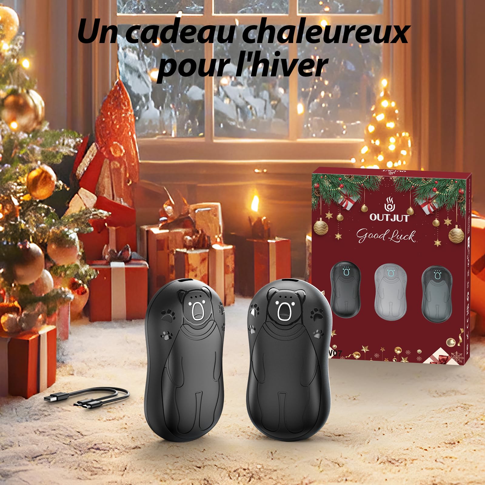 Chauffe Main Electrique 2 en 1 Noir, Chaufferette Main Reutilisable, 3 Niveaux de Chauffe, 12000mAh Rechargeable par USB, Cadeaux Hiver Unisexes, pour Camping et Sports en Extérieur