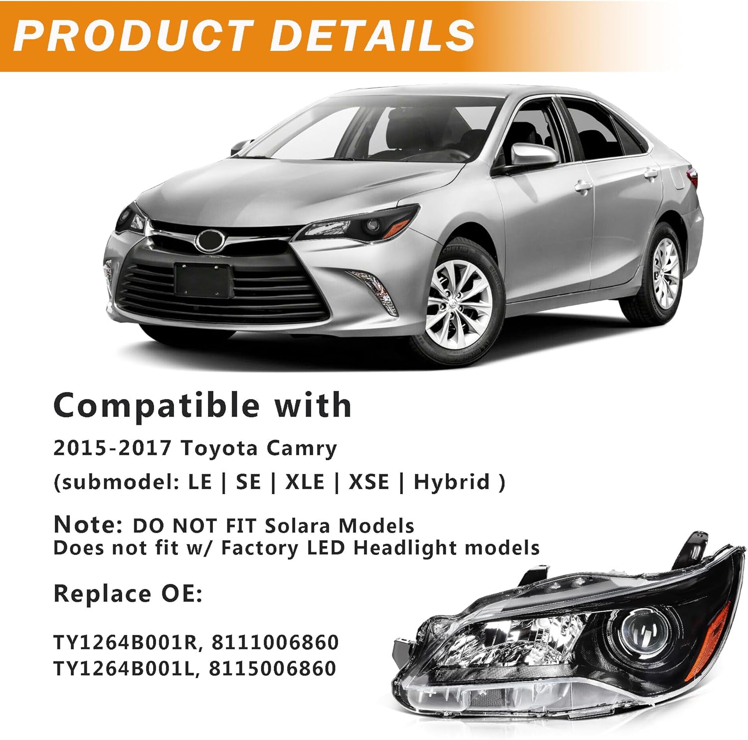 headlight assembly compatible with 2015 2016 2017 toyota camry le se halogen headlamp replacement, black housing amber reflector driver & passenger side 2015-2017 black