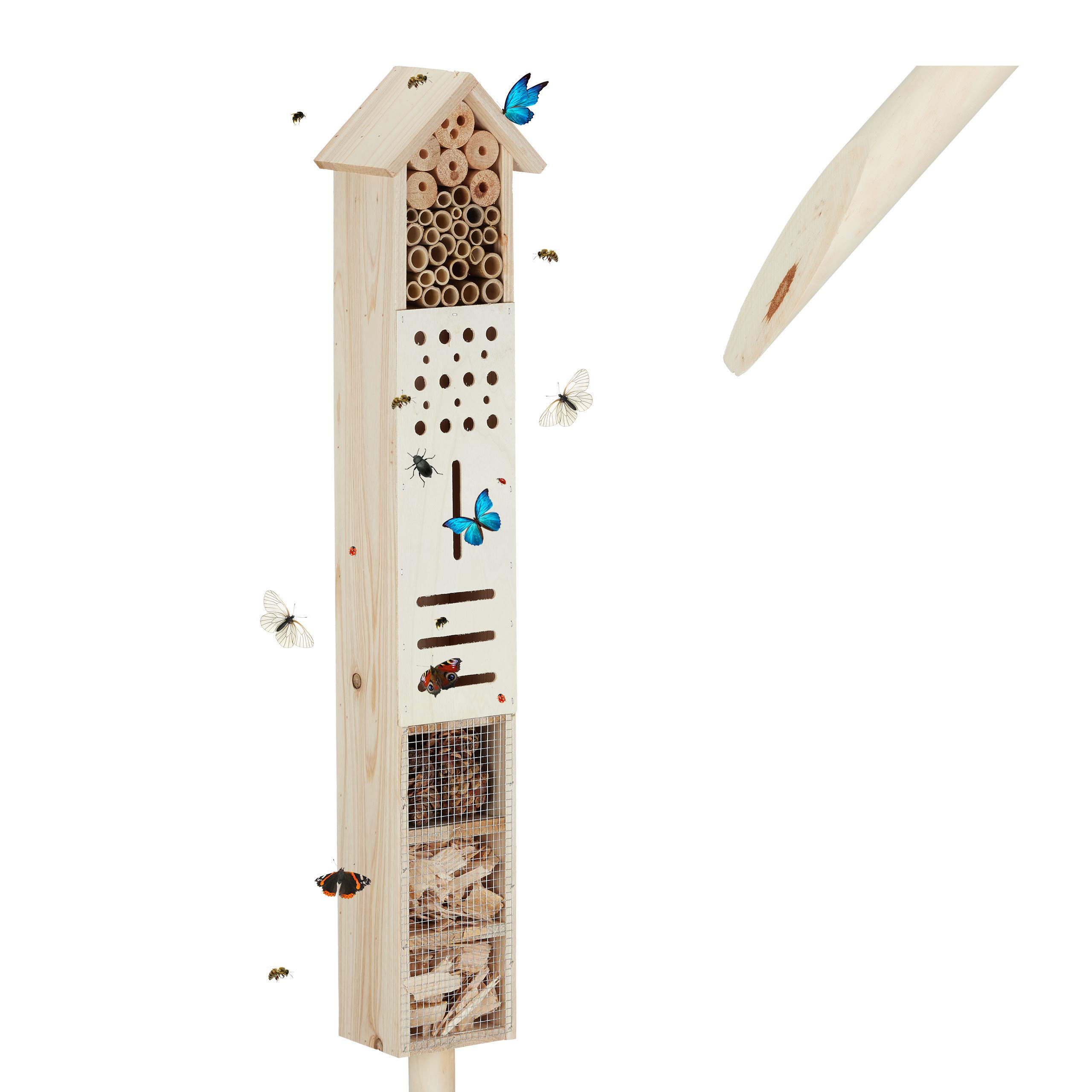Relaxdays insect hotel with ground spike, nesting aid garden, large, standing, bee hotel wild bees, wood, 148 cm high, natural, 148 x 16 x 11 cm