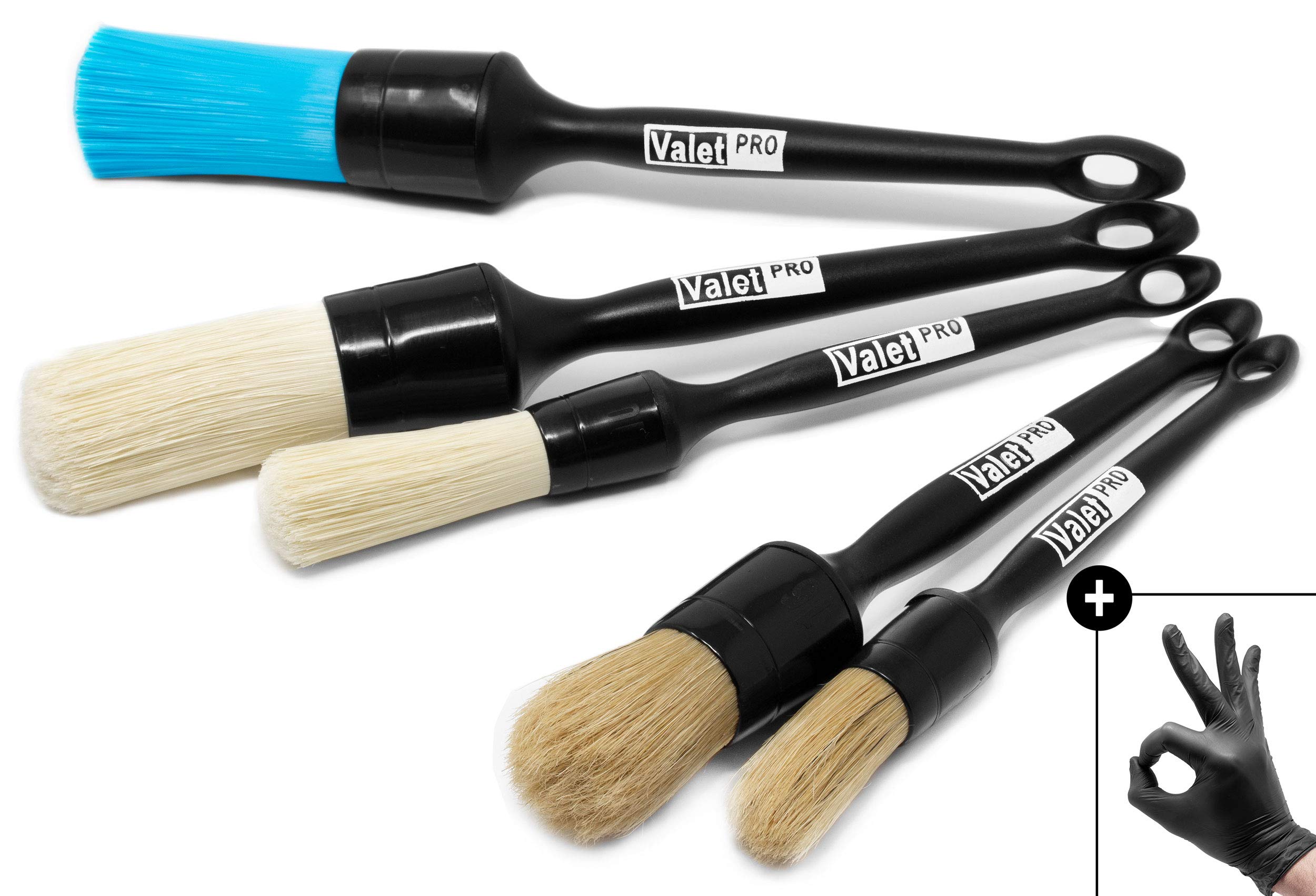 Detailmate Black - Valetpro Brush Set - Rim Cleaning - Interior Cleaning - Exterior Cleaning - Chemical Resistant - For Gentle Detail Work + 2 Nitrile Protective Gloves