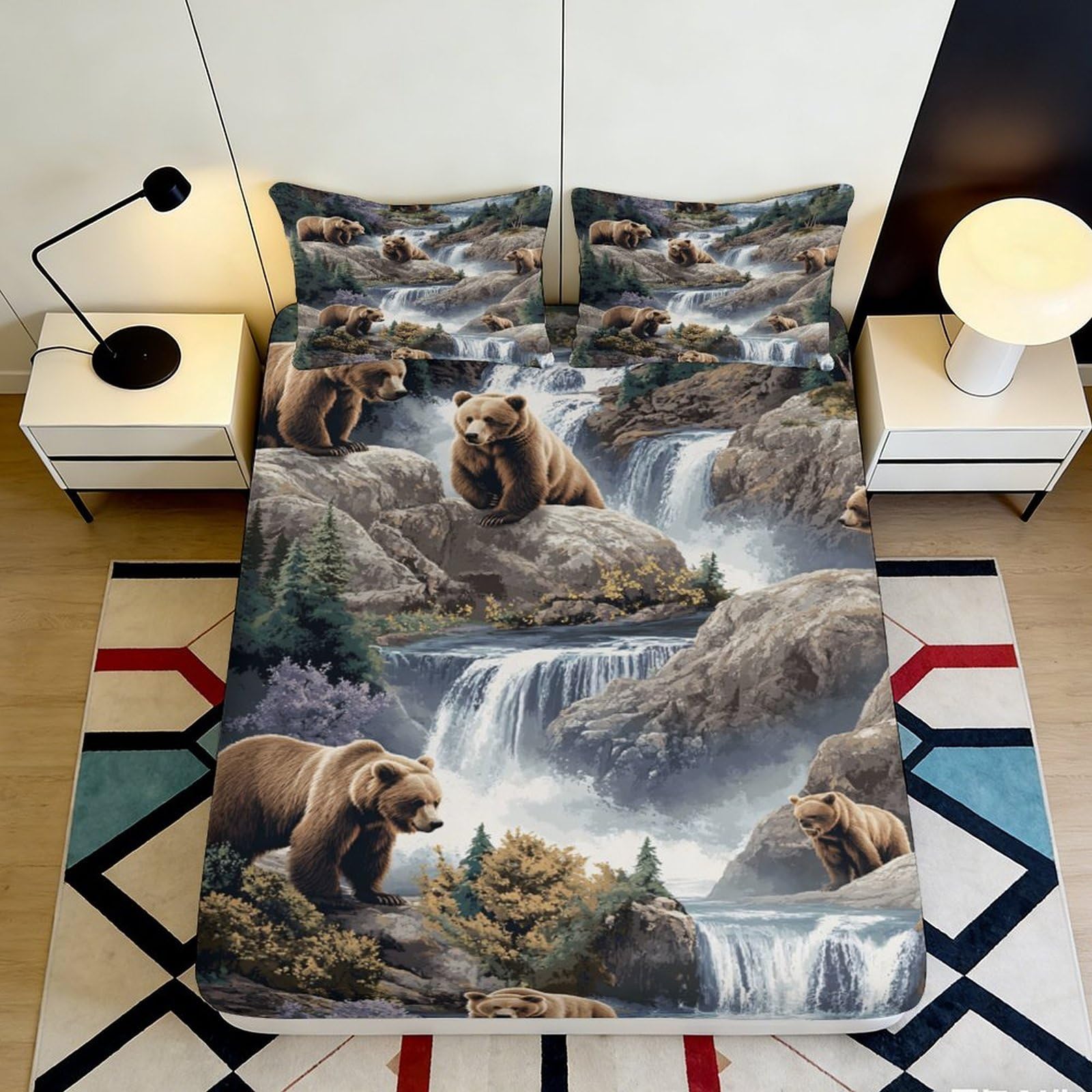 3D Printed Brown Bear Waterfall Fitted Sheet Microfiber Soft Mattress Cover for Bedroom Guestroom Dorm Decor 90x200x25cm