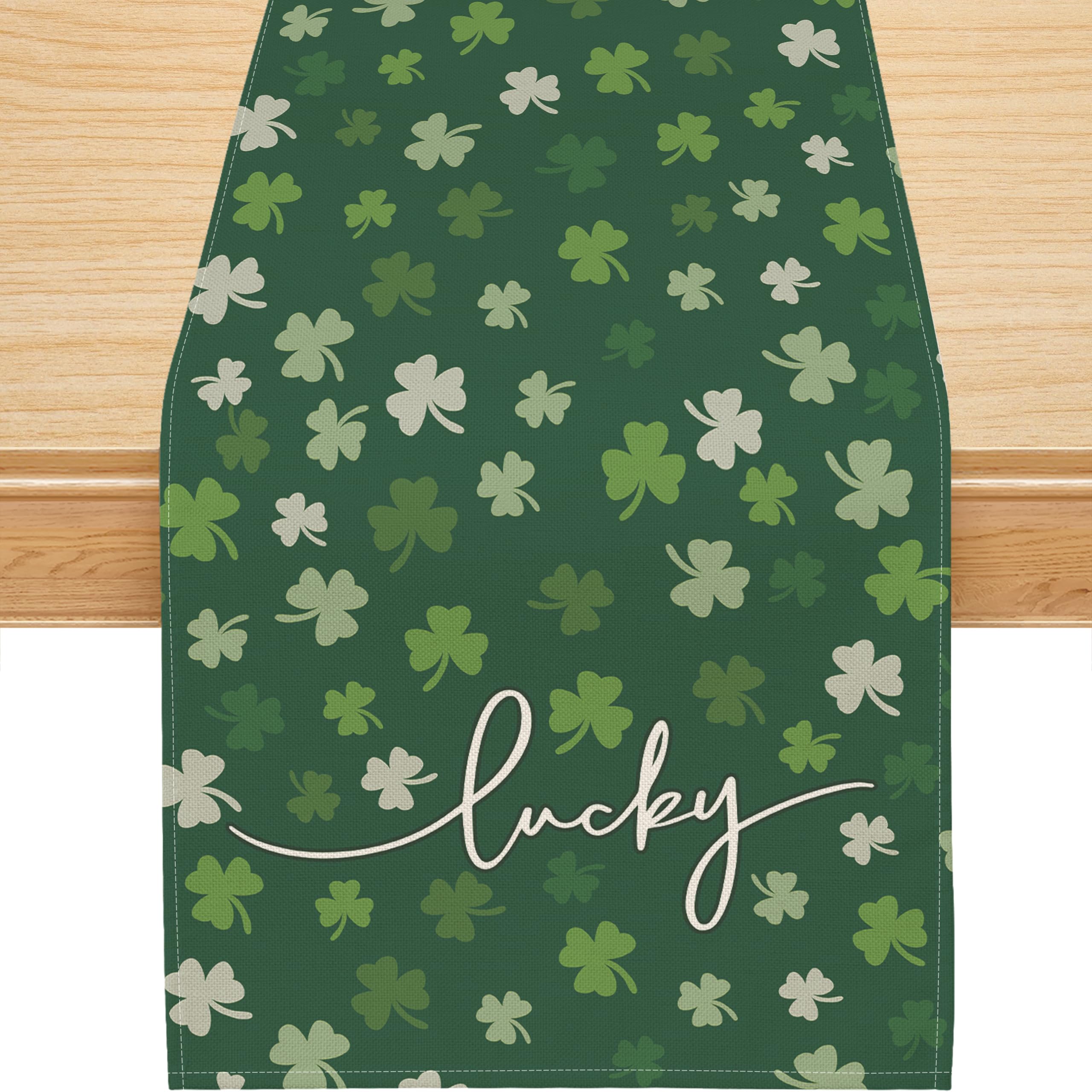 Siilues St Patricks Day Table Runner, Green Shamrock Clover Lucky 220GSM St Patricks Table Runner Seasonal Spring Holiday Table Decorations Home Party Kitchen Dining Table Decor 13x90 Inch