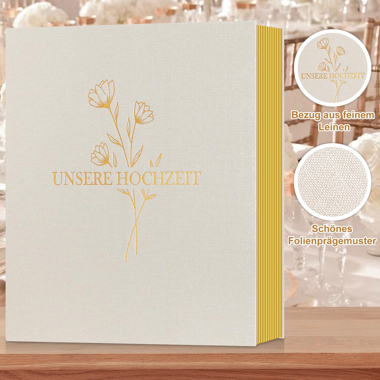 Lanpn Album fotografico autoadesivo per matrimonio, in lino, grandi pagine bianche, per matrimonio, fai da te, con penna, 10 x 15, 13 x 18 foto (grandi, 40 fogli/80 pagine, beige)
