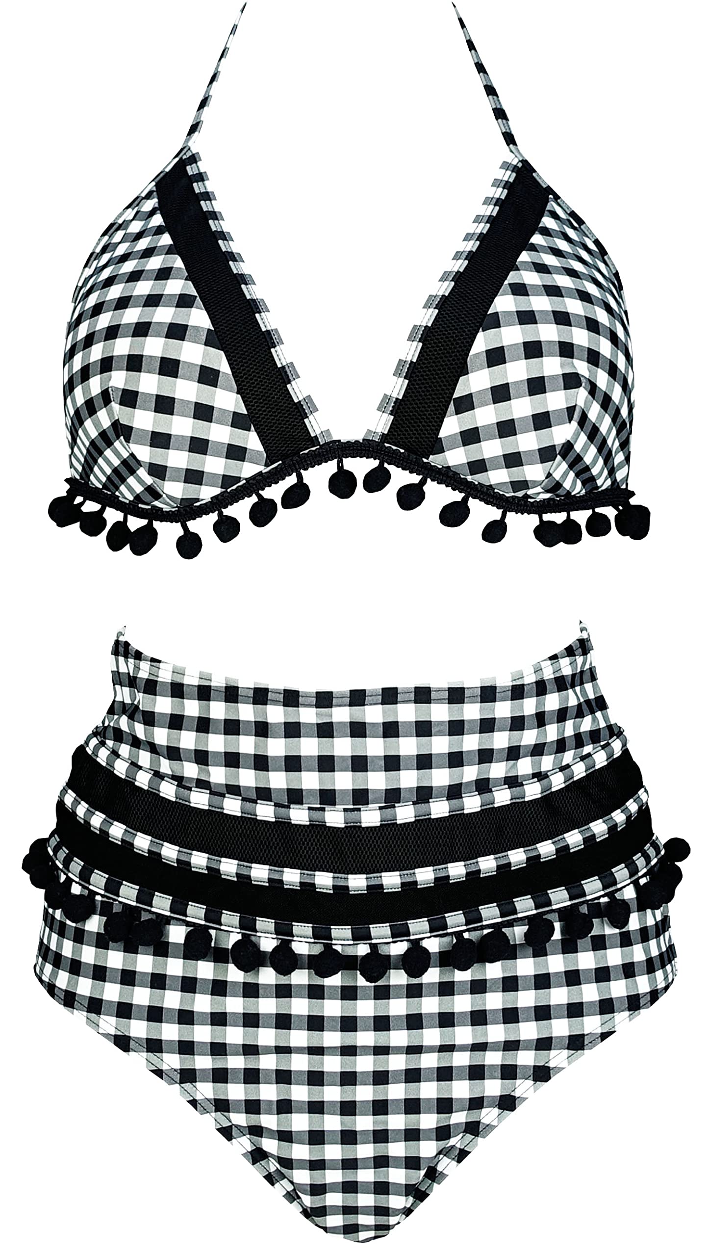 COCOSHIP Women's Mesh Striped High Waist Bikini Set Tassel Trim Top Halter  Straps Swimsuit(FBA)