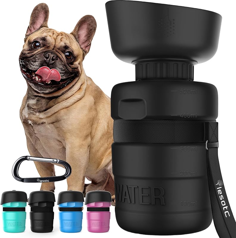 Garrafa de Água para Cães lesotc com Tigela Dobrável e Tampa Antivazamento, 520 mL