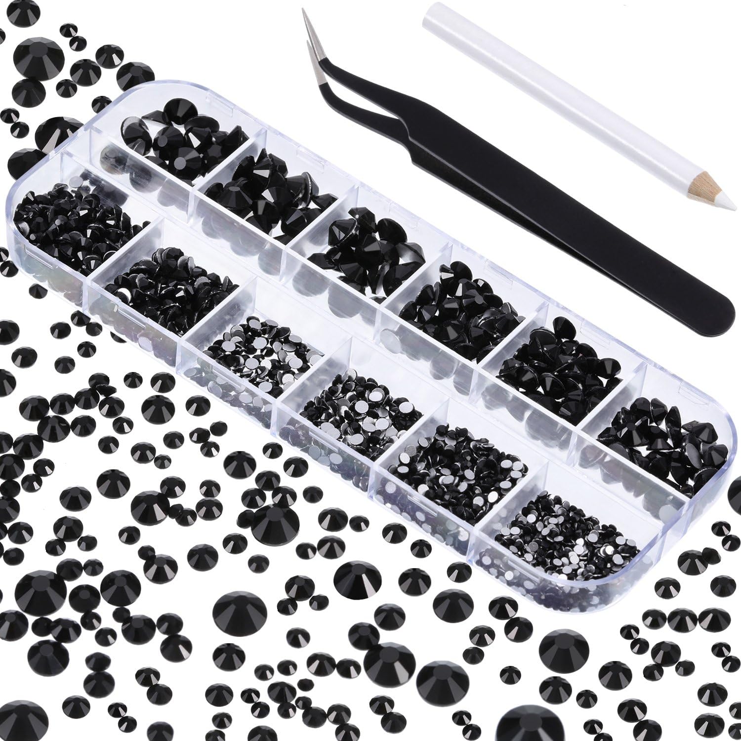 TecUnite 2000 Pieces Flat Back Gems Round Crystal Rhinestones 6 Sizes (1.5-6 mm) with Pick Up Tweezer and Rhinestones Picking Pen for Crafts Nail Face Art Clothes Shoes Bags DIY (Black)