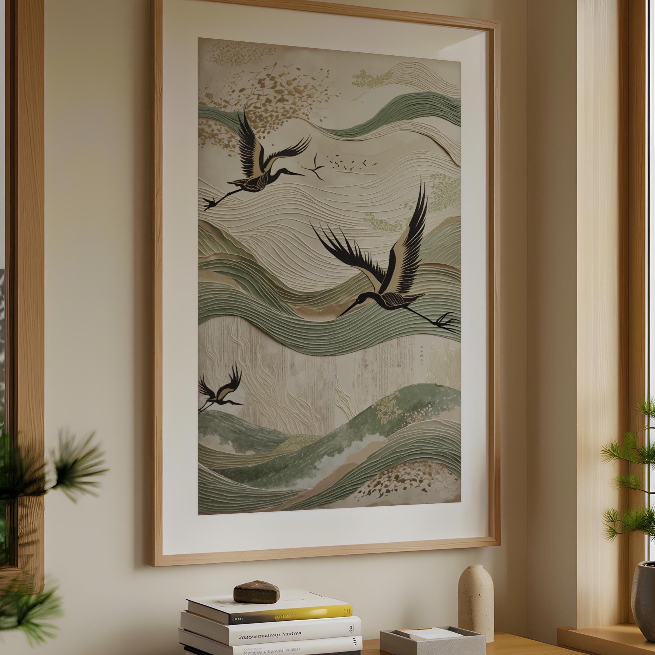 ZHAOLIN Wabi Sabi beżowa i szałwiowa zieleń, japońska sztuka żurawia, minimalistyczny nadruk Japandi, sztuka ścienna, fale, 40 x 60 cm, rama wewnętrzna