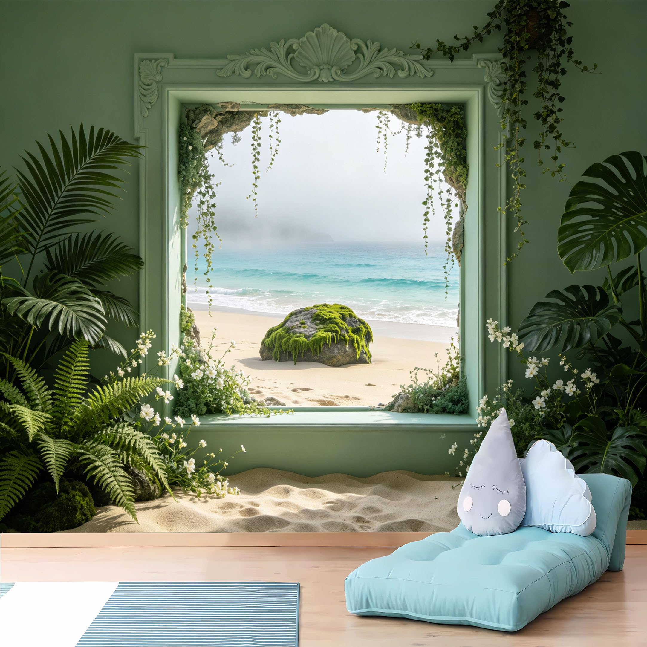 Custom Size Wall Murals 3D Green Niche with Misty Beach and Mossy Rock HD Self-Adhesive Wall Fabric (NO PVC) Removable Wallpaper for Study Room