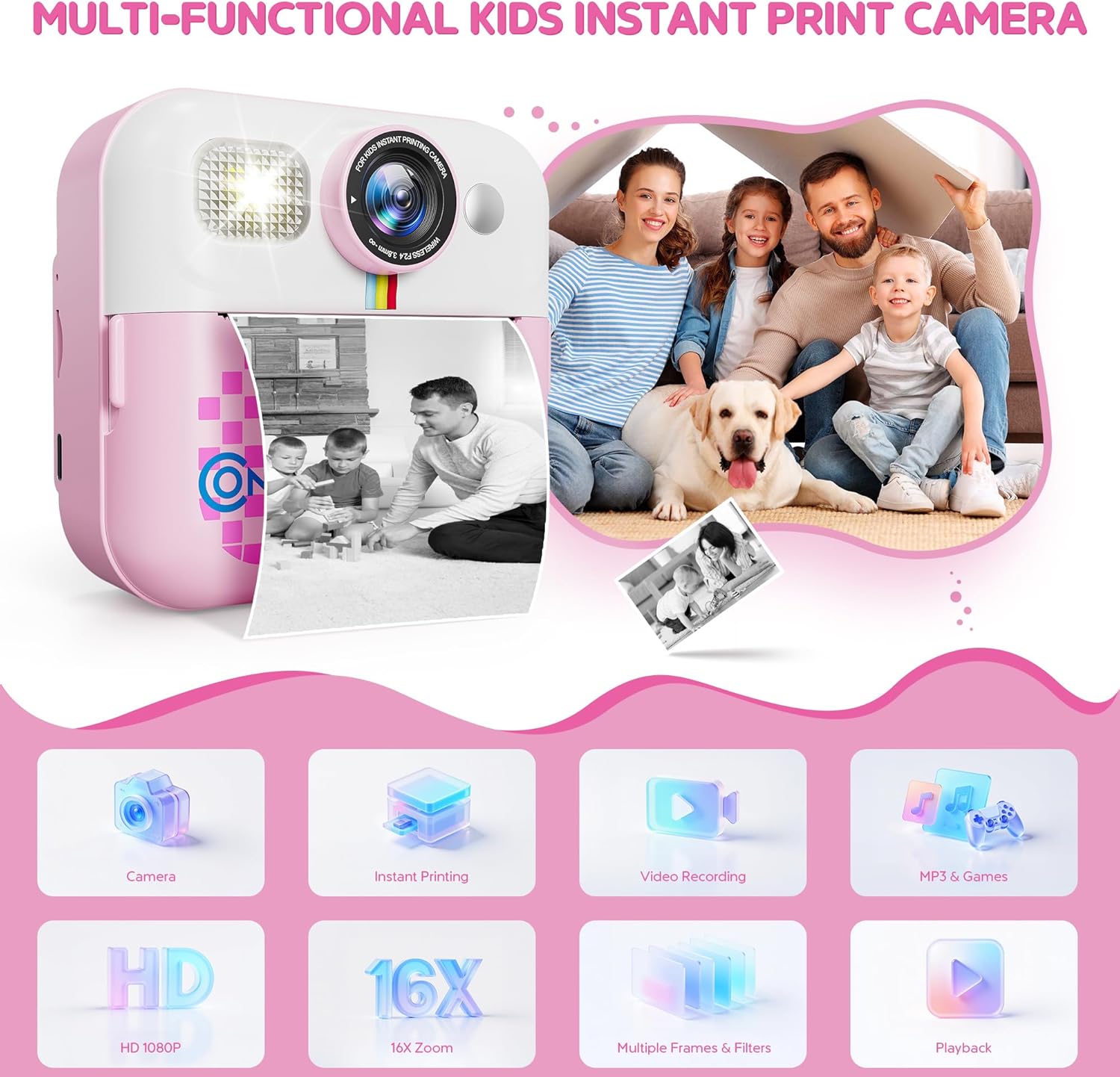 Contixo KC4 Kids Camera Instant Print, Pink 2.4” Screen Children Digital Printing Cameras with 1080P Video, 16X Zoom, 32GB Storage, Toddler Portable Travel Toys for Age 3 Years Up Girls Boys