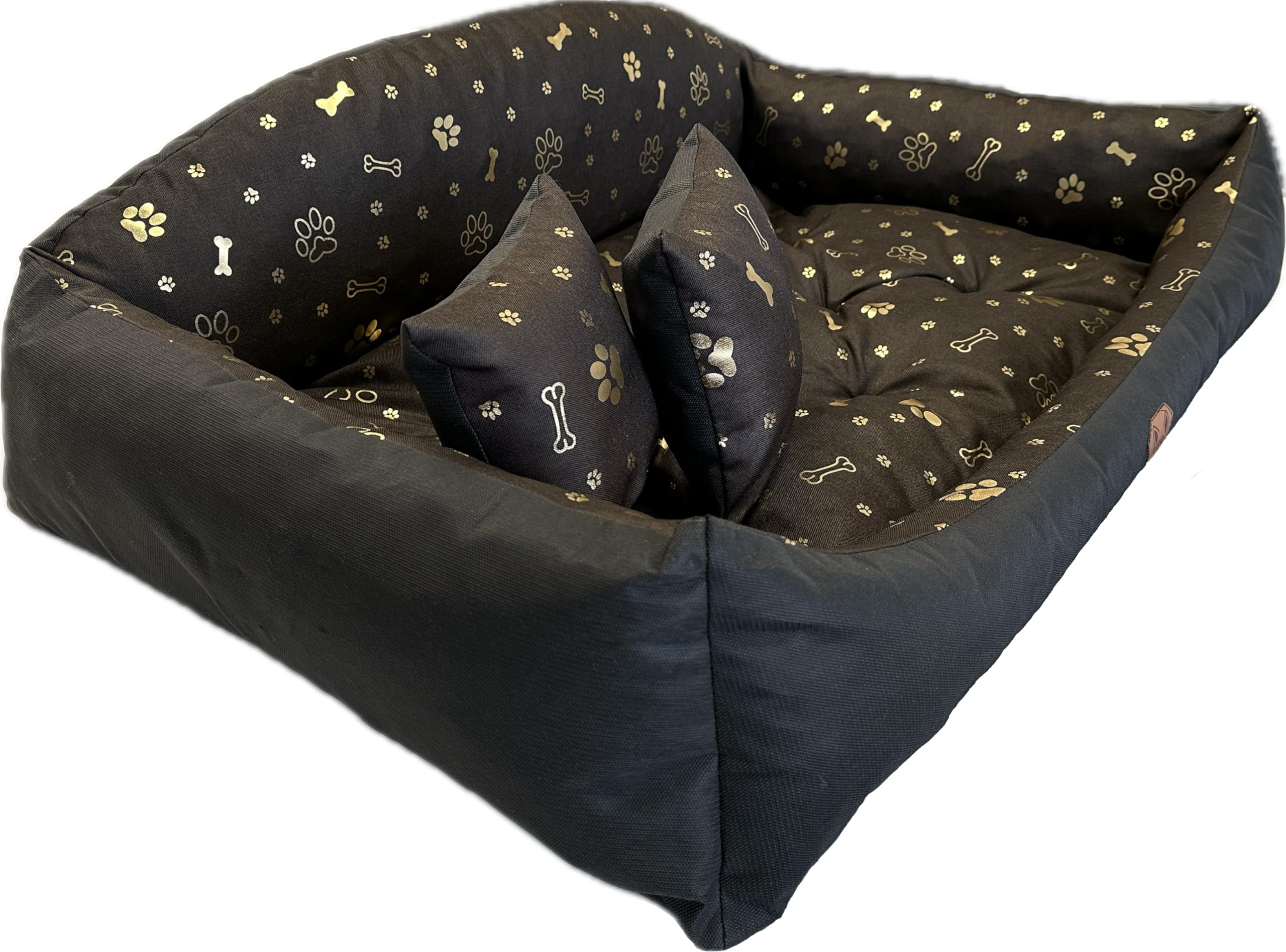 Dogs4Life Nadaje się do prania, ortopedyczne legowisko dla psa, poduszka dla psa, sofa dla małych i średnich psów, rozmiar S - XXL, możliwość personalizacji z imieniem (S, ‎‎‎‎, złote łapy)