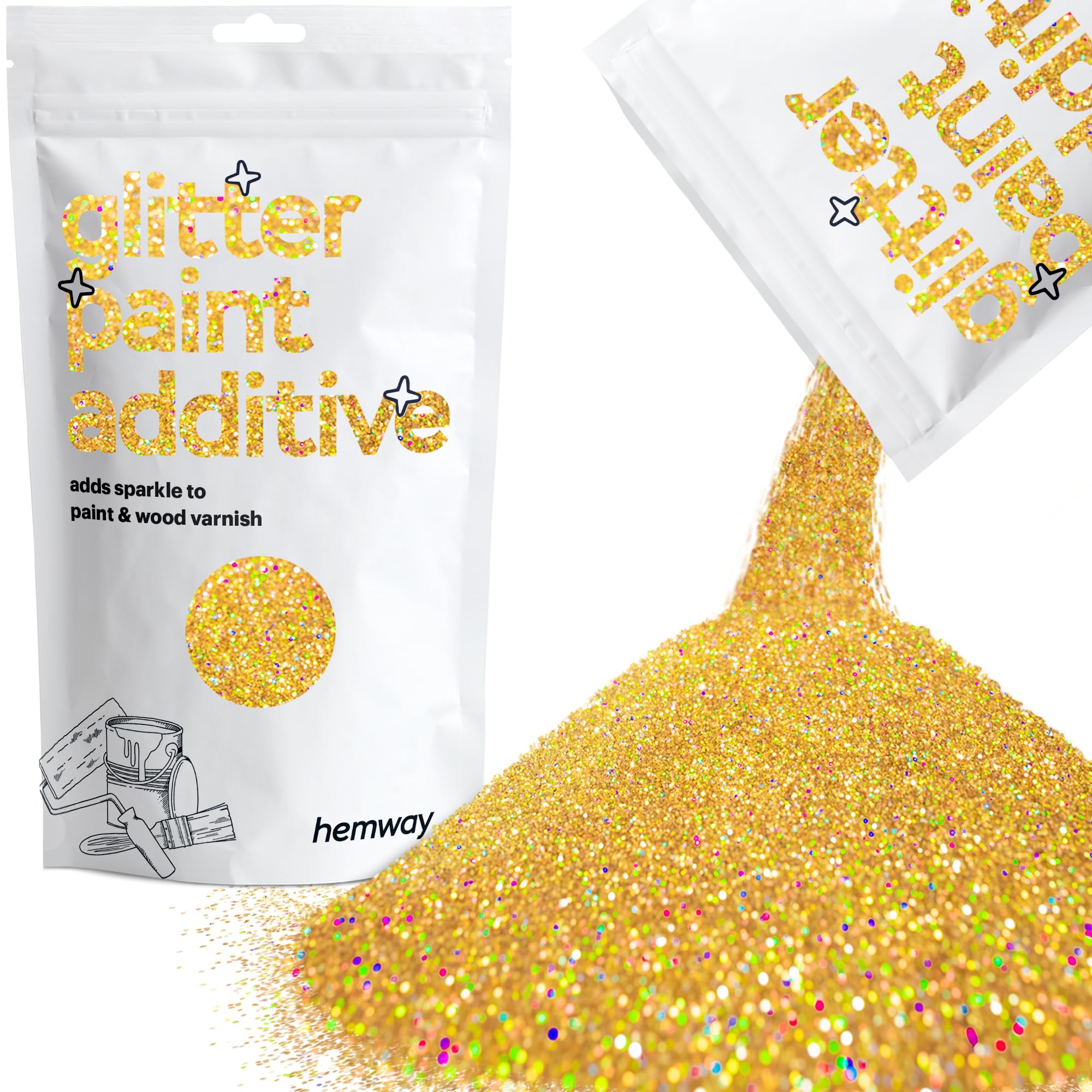 Hemway Glitter Paint Additive - Gold Holographic | Metallic Flakes for Adding Sparkle to Paints & Wood Varnish | Add to Emulsion, Acrylic & Latex for Indoor Sparkly Walls | 100 g