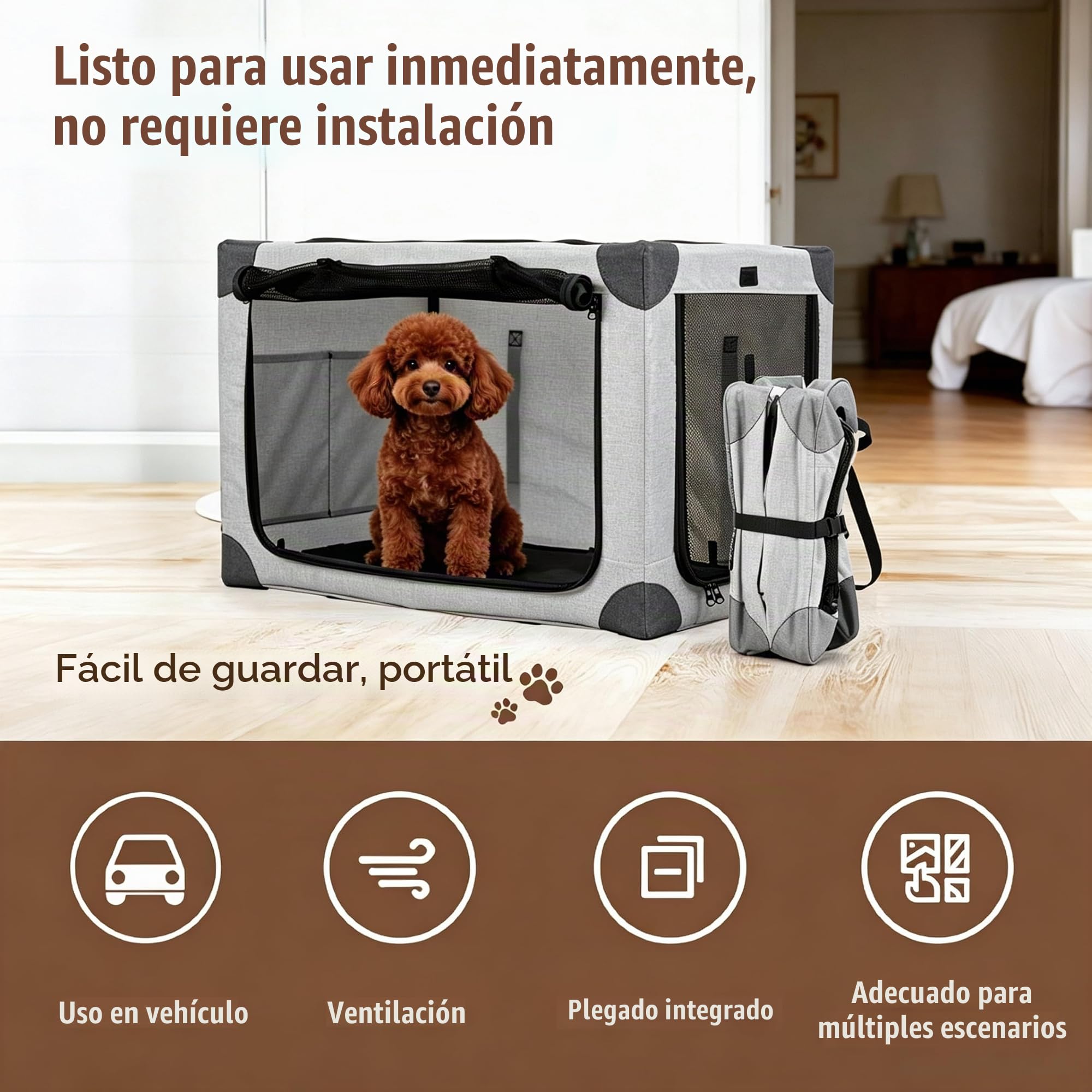 Transportín plegable ajustable para perros de razas medianas – Caja para perros con ventanas de malla reforzada y cama plegable para el hogar y viajes