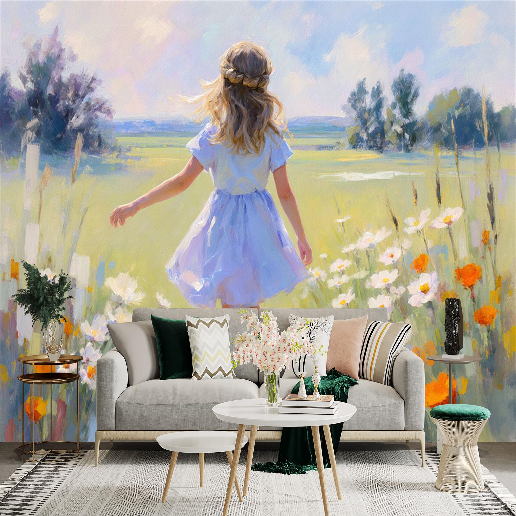 Lnzczhyre Xc260505531 Custom Size Wall Sticker Mural， Impressionist Painting Of A Person Walking In A Sunny Meadow With Wildflowers， For Wall Decoration， Peelandstick Wall Decals.