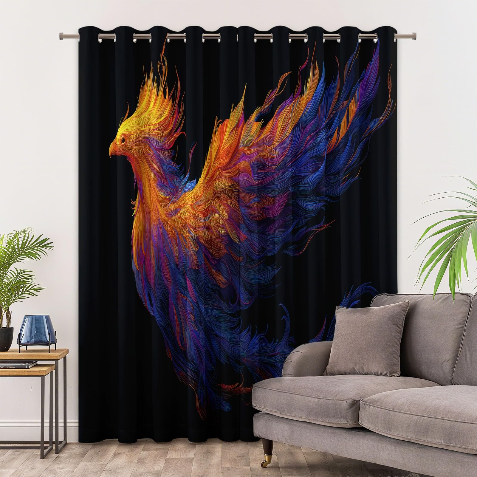 2 panele Zasłony zaciemniające 117 x 229 cm, fantazja odrodzony feniks z nadrukiem z oczkami dla dziewczynek i chłopców, do salonu, sypialni, miękka i odporna na zmarszczki, czarna