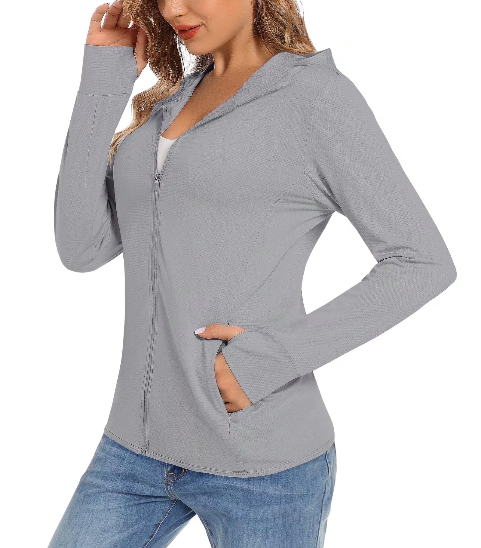 TACVASEN Damen UV Shirt Kapuze Jacke Langarm Laufshirt Schnelltrocknend Sportshirt Full Zip Sun Hoodie mit Daumenloch