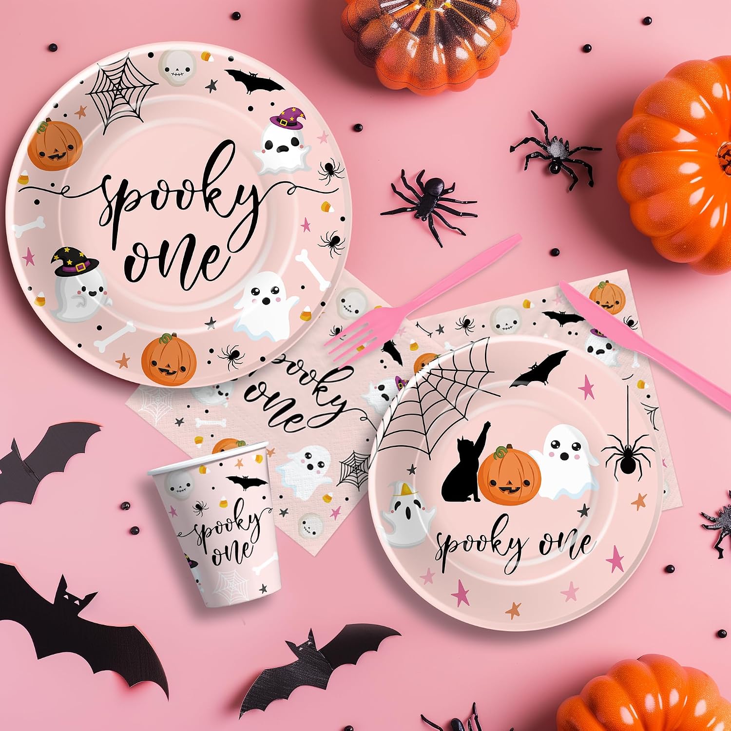 Halloween Spooky One Birthday Decorations Tableware Girl, Pink Halloween Ghost 1st Birthday Party Supplies, Paper Plate, Cup, Napkin, Tablecloth, Disposable Cutlery, Serves 24