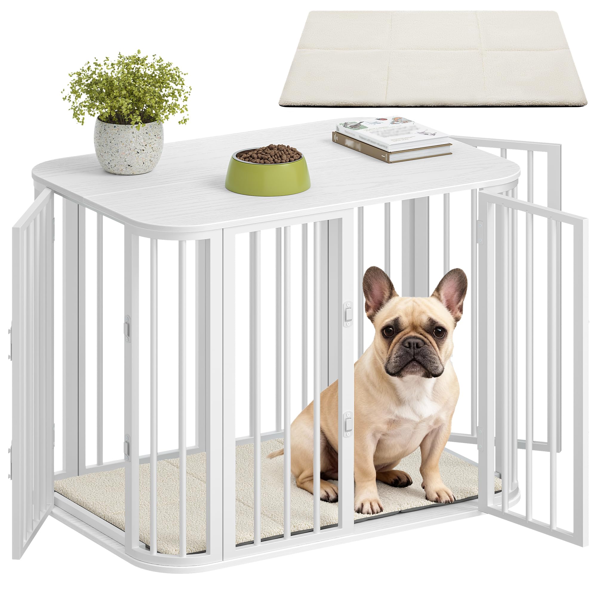 Hzuaneri Jaula para Perros 80 cm, con Cojín, 3 Puertas, 80 x 55 x 61,5 cm, Casa para Mascotas para Perros Pequeños y Medianos, Blanco DFC87713W
