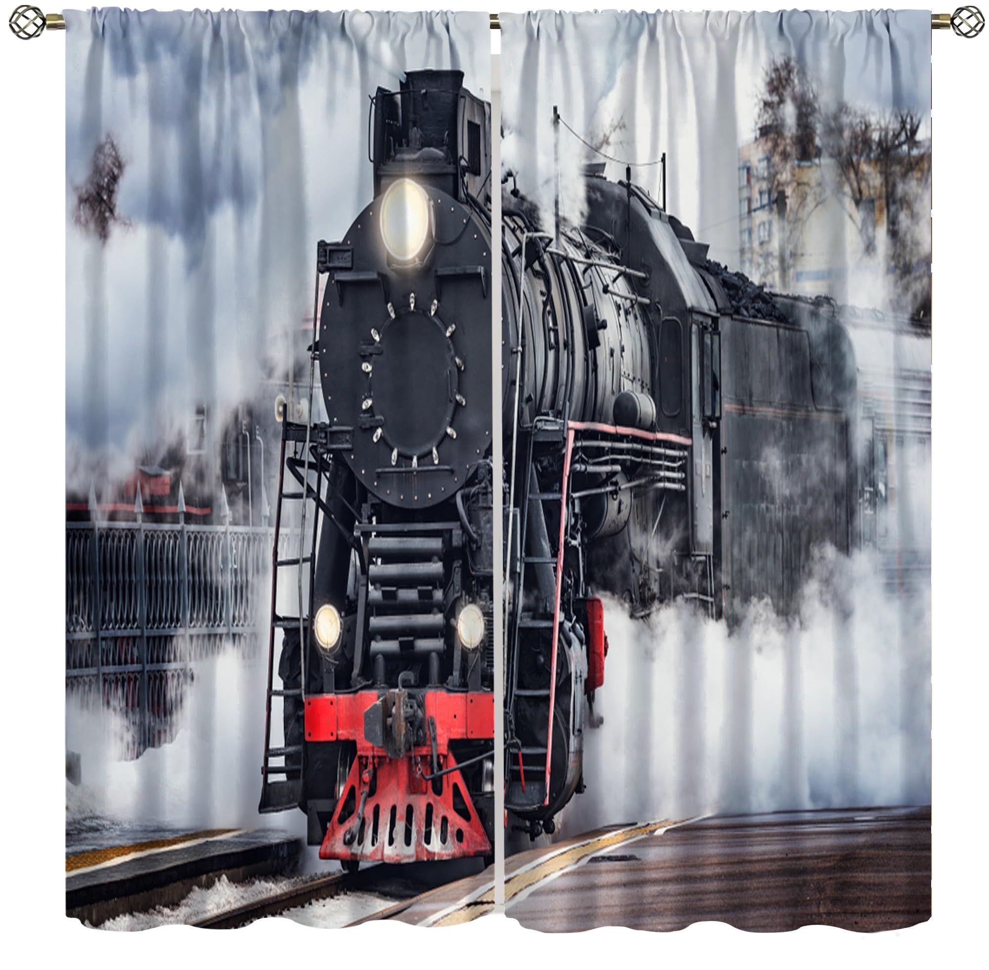 wlsgdsg Steam Train Window Curtain, Vintage Train Engine Railway Pattern Decorative Curtains Cloth Farbic Office Bedroom Dining Room Living Room