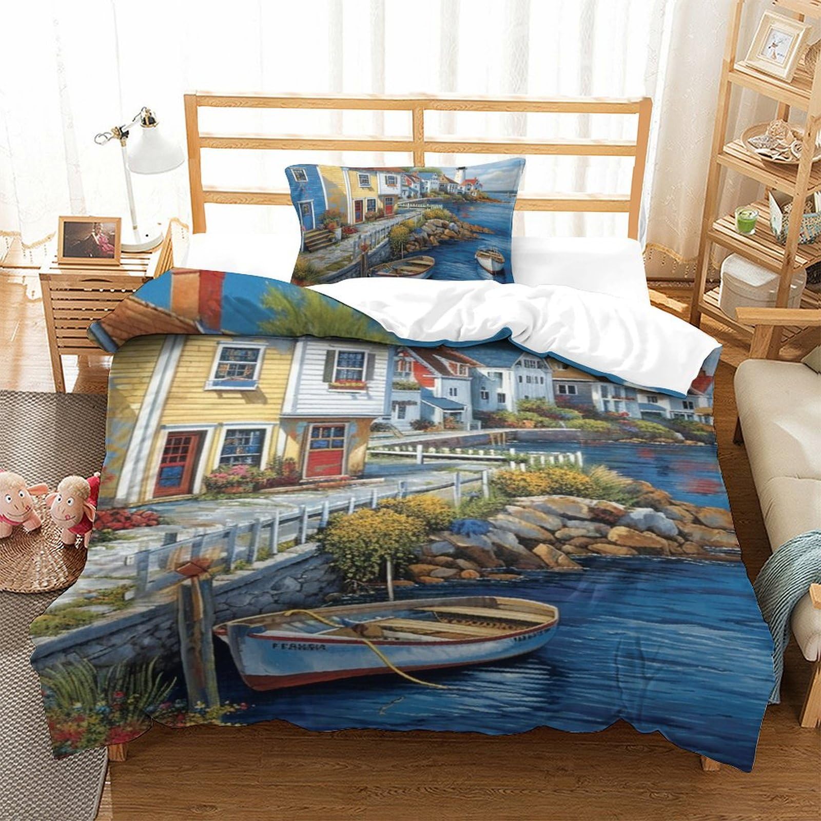 ENYISIYULO Seaside Town Breathable Duvet Cover Set Fade Resistant Duvet Cover Hypoallergenic Comforter Cover 2Pcs With Pillow Cases Bedding Set for Children Kids Single（135x200cm）