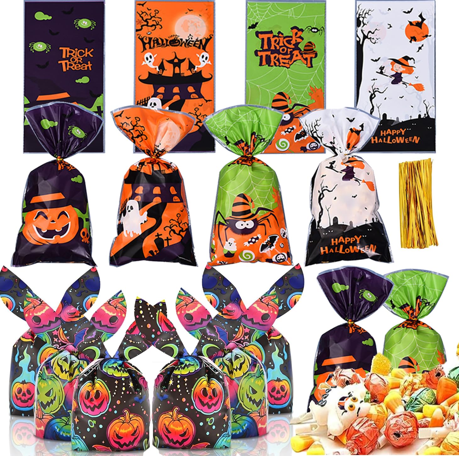 100 Pcs Halloween Cookie Candy Bags 50Pcs Halloween Cellophane Bags with Twist Ties and 50Pcs Rabbit Ears Goodie Bags-Perfect for Kids Halloween Party Supplies Favors and Treat Bags Gift Packaging