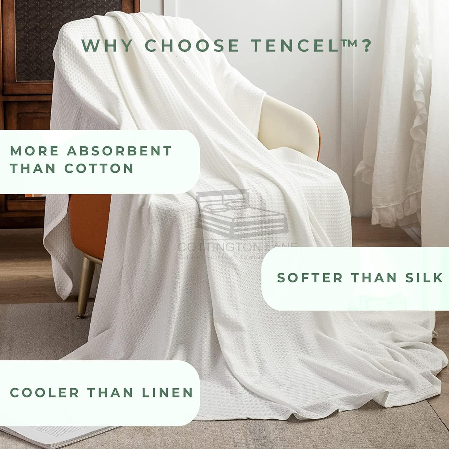 Cottington Lane 100% Tencel Waffle Weave Blanket Queen 90" x 90" Size, Lightweight Soft Breathable, Perfect Blanket for All Season, Adults, Kids, Couch Bed Sofa, White