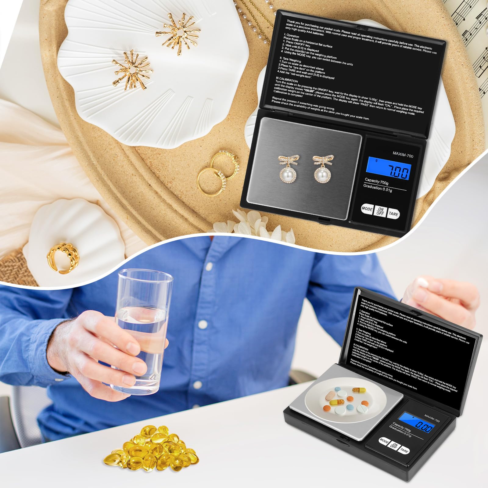 Balance de Précision Oderra 700g/0.01g, Balance à Bijoux Portable avec Écran LCD Rétroéclairé