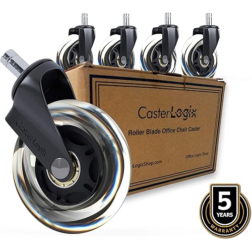 Office Chair Caster Wheels (Set of 5) [Heavy Duty, Soft Rubber, Fully Safe for All Floors incl. Hard-Wood] Desk Chair Roller Blade Style Caster Wheel Replacement - Clear Color