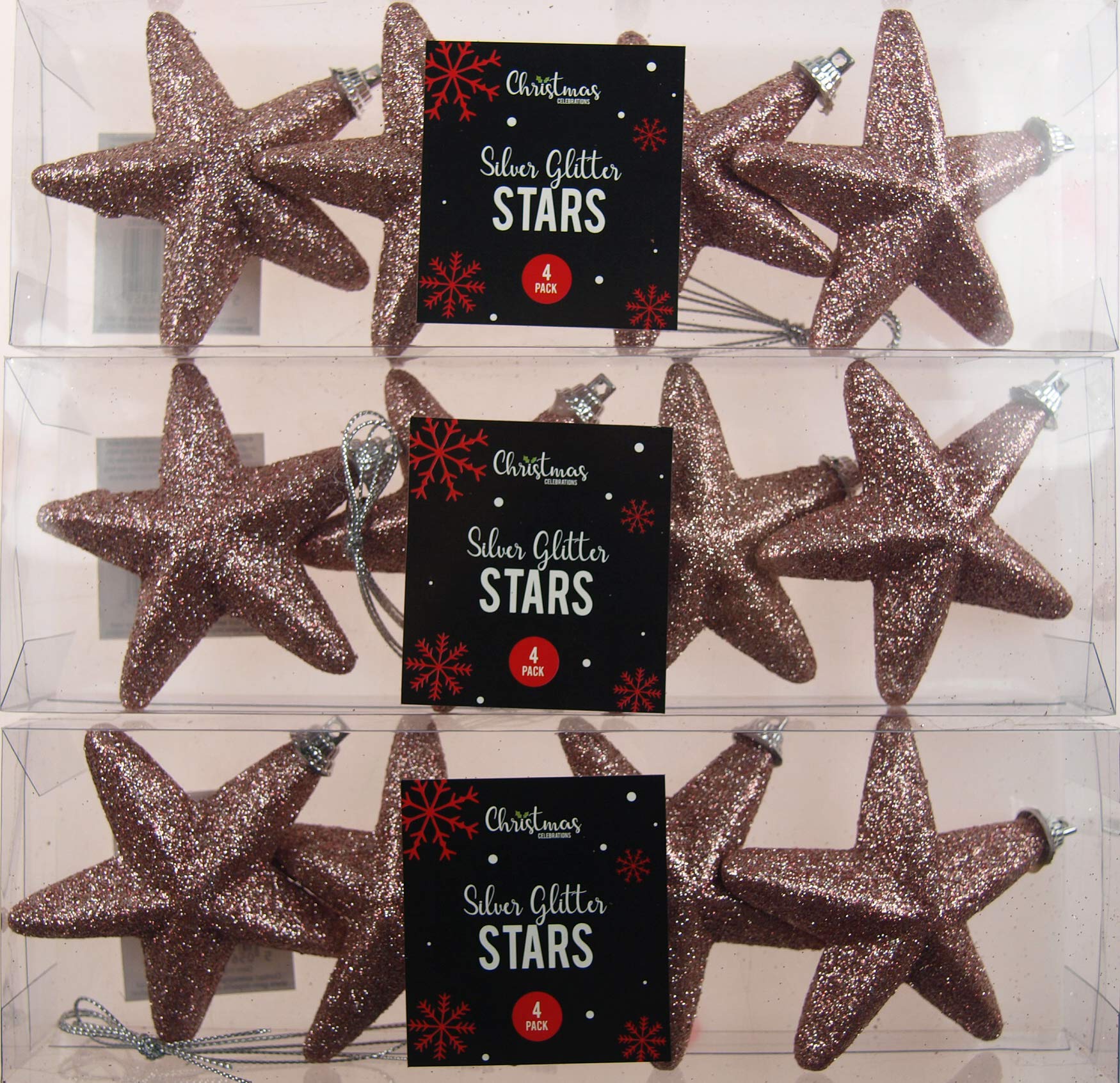 Set Of 12 Rose Gold Glitter Star Baubles - Christmas Tree Decoration