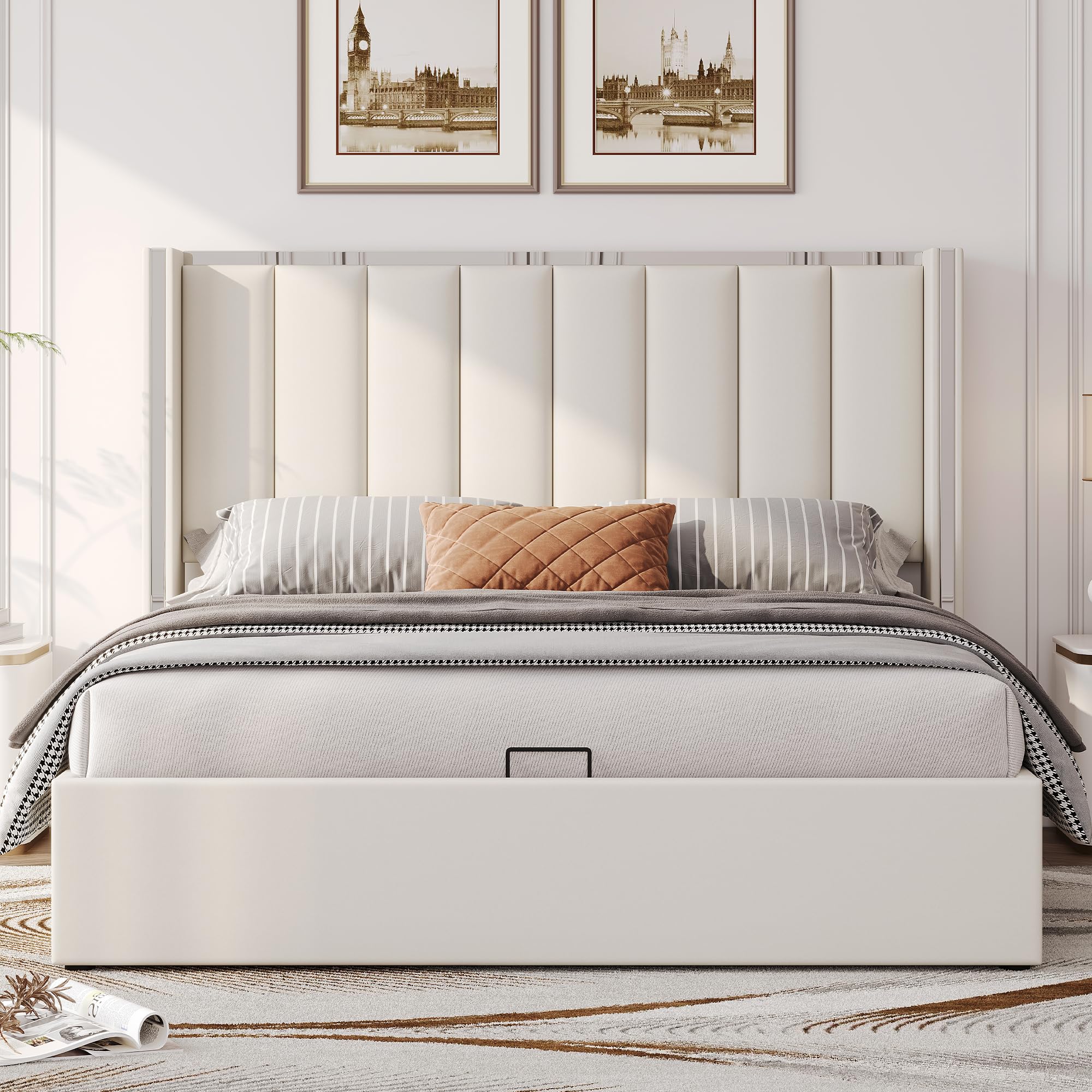 LUXOAK Polsterbett 160x200 mit Bettkasten & Liftfunktion, Beige | 115cm Wingback-Kopfteil mit Chromdetails, weicher Samtbezug, großer Stauraum, stabiler Holzrahmen, leiser Lattenrost