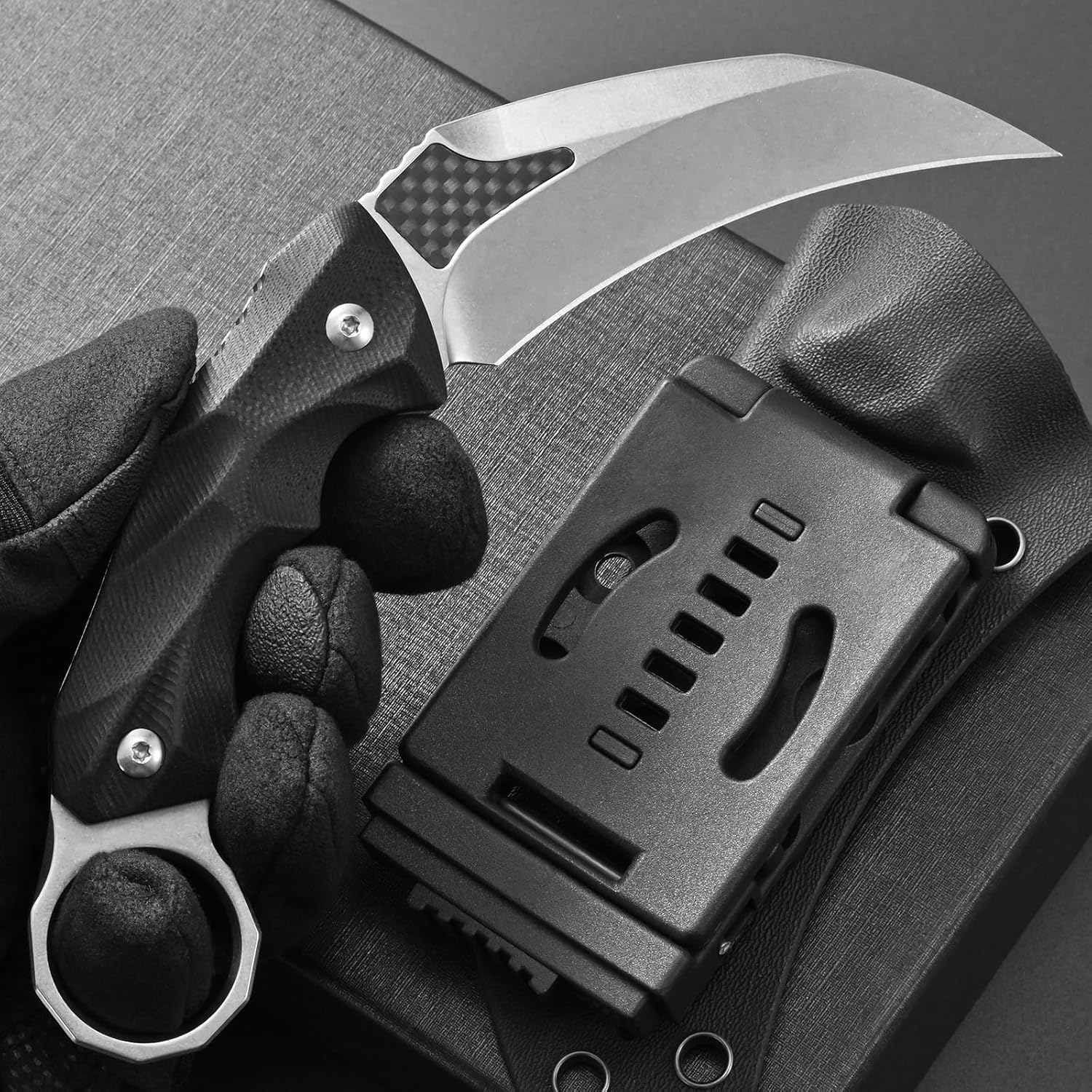 Ccanku C1692 Carbon Fiber Fixed Blade Knife,D2 Steel G10 Handle 4 Inches Camping EDC Tools Survival Claw Teeth Knife with Kydex Sheaths(Silver) … …