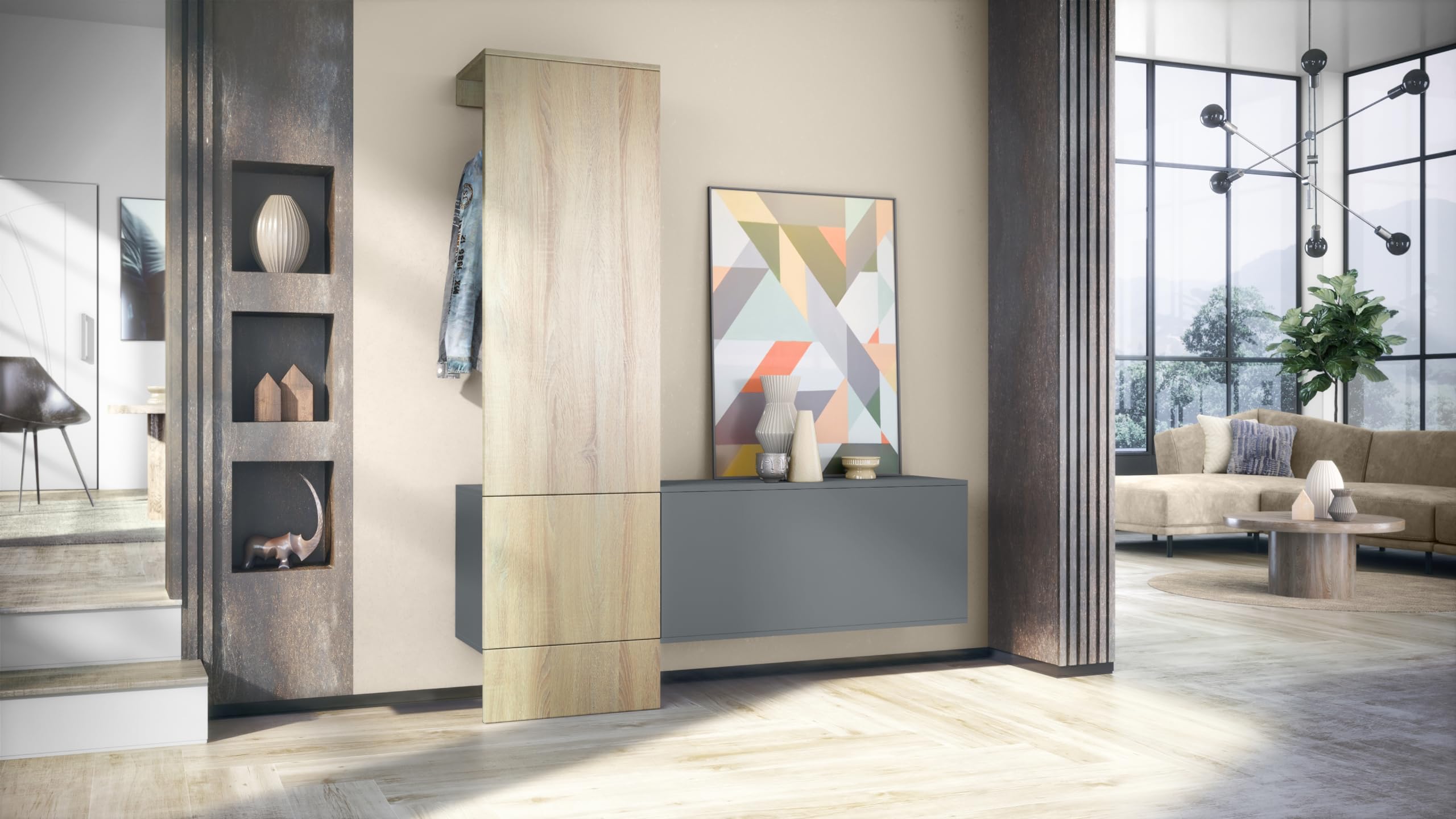 Vladon Penderie Carlton Set 4, Meuble d’entrée Comprenant 1 Panneau Porte-Manteaux, 1 Module de Commode, Anthracite Mat/chêne Brut (156,5 x 193 x 35 cm)