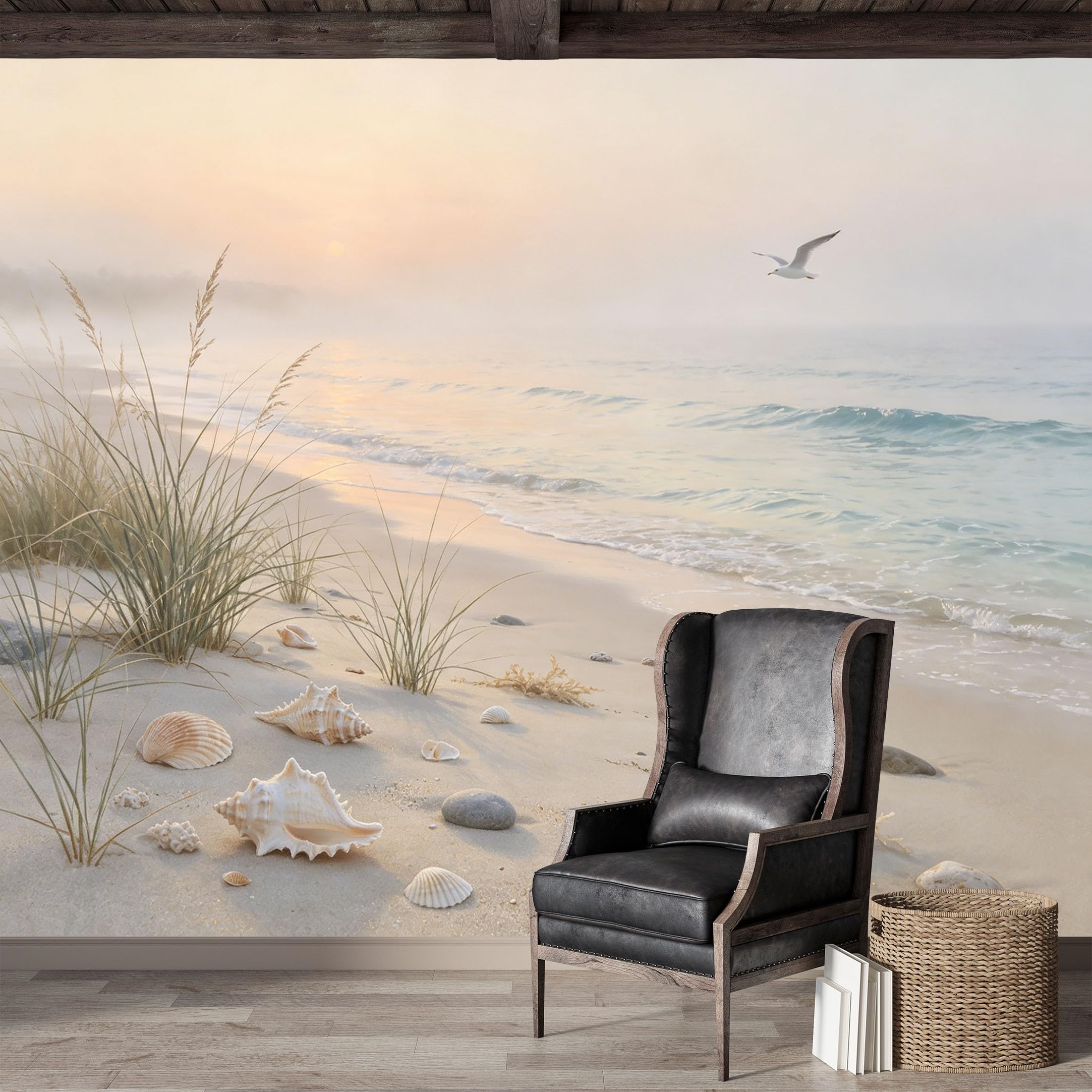 Custom Size Wall Mural,Coastal Serene Seascape Ocean Sunrise Shells Premium Water Activated SelfAdhesive Wallpaper,Removable Wall Covering,Easy DIY Install Wall Art for Indoor Home Decor