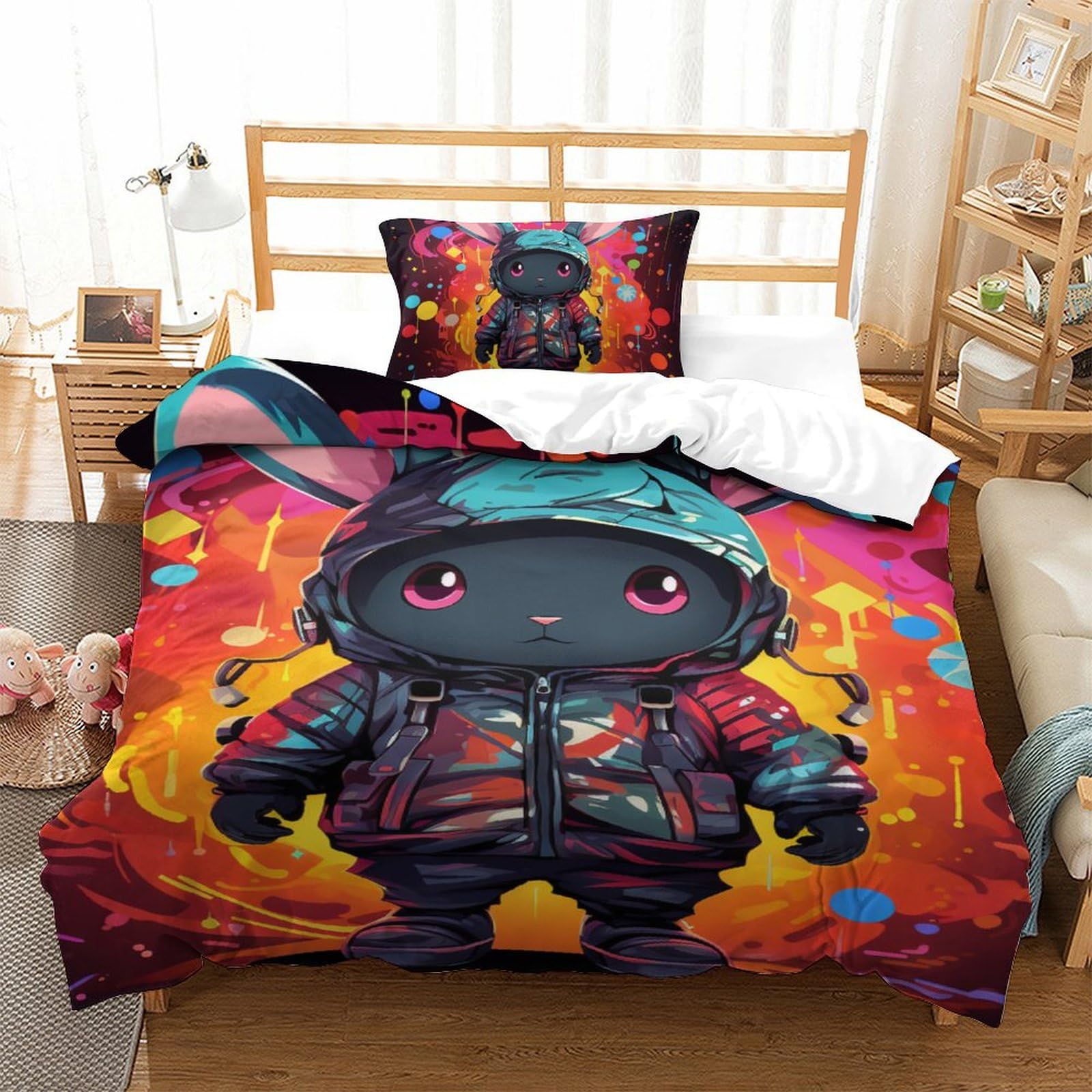 Housse de couette single lapin 135x200cm le cadeau utile pour lit de garçon ou d'adulte