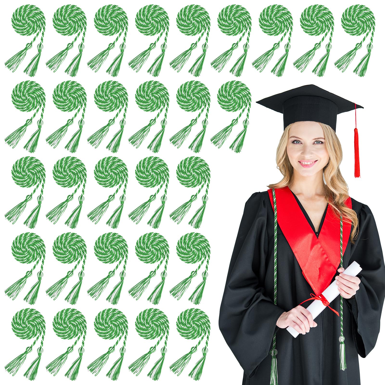 Photo 1 of Woanger 30 Pcs 2026 Graduation Cords 67 Inch Braided Honor Cord with Tassels for College Graduation Students Bachelor Master Doctor Grad Decor(Green with White)