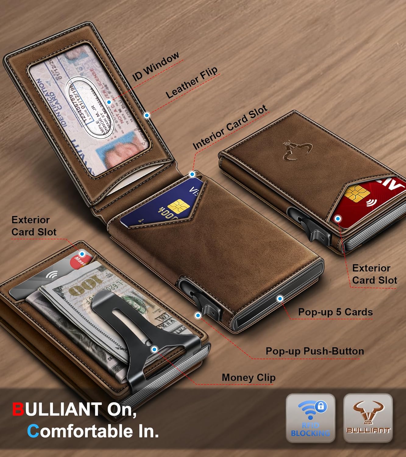 BULLIANT Men Wallet,Magnetic Metal Wallet Money Clip 9Cards Pop-up Access RFID Blocking - Image 2