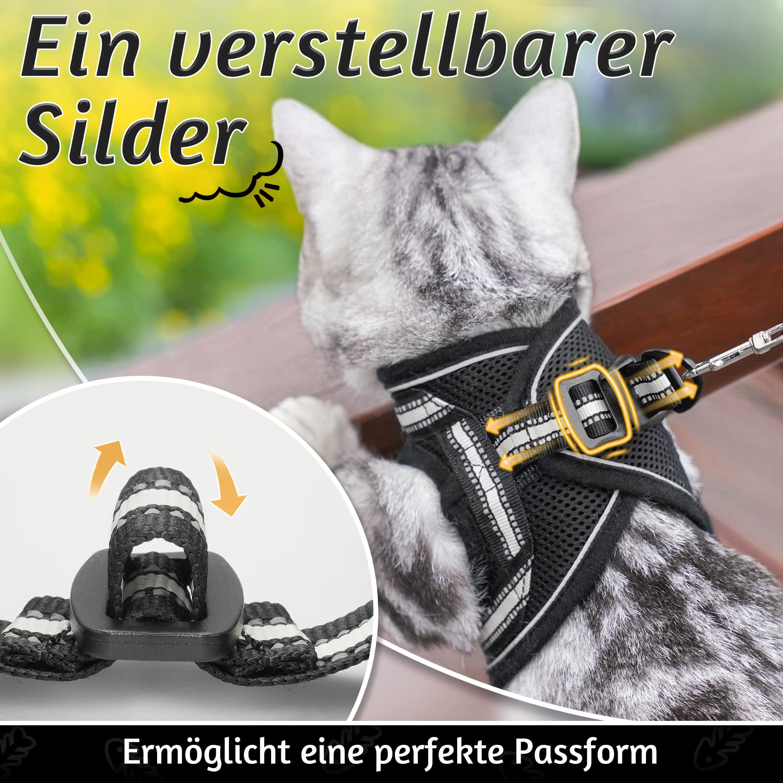 rabbitgoo Katzengeschirr mit Leine Ausbruchsicher, Katzenleine mit Geschirr, Katzengeschirr Kitten Verstellbar Weich Kätzchenweste mit Reflektierenden Streifen für Extra Kleine Katzen, Schwarz S