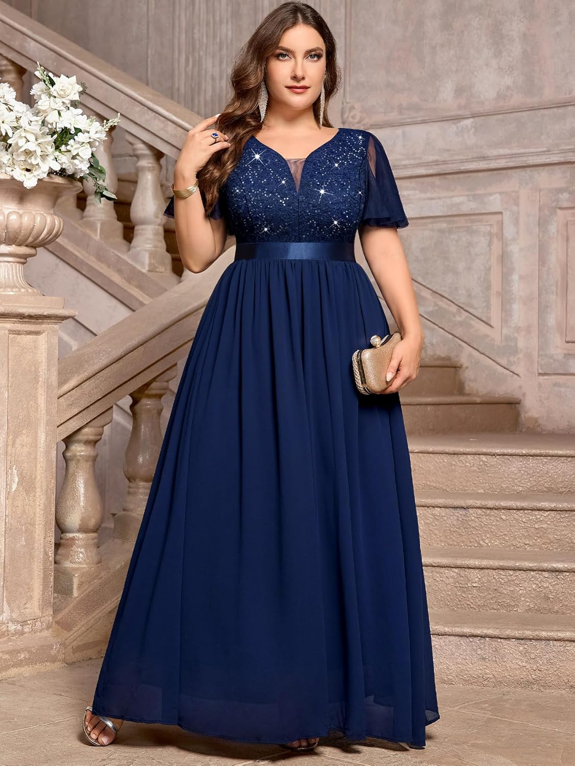 MISSMAY Women's Plus Size Sequin Lace V Neck Formal Wedding Guest Chiffon Maxi Dress - Image 3