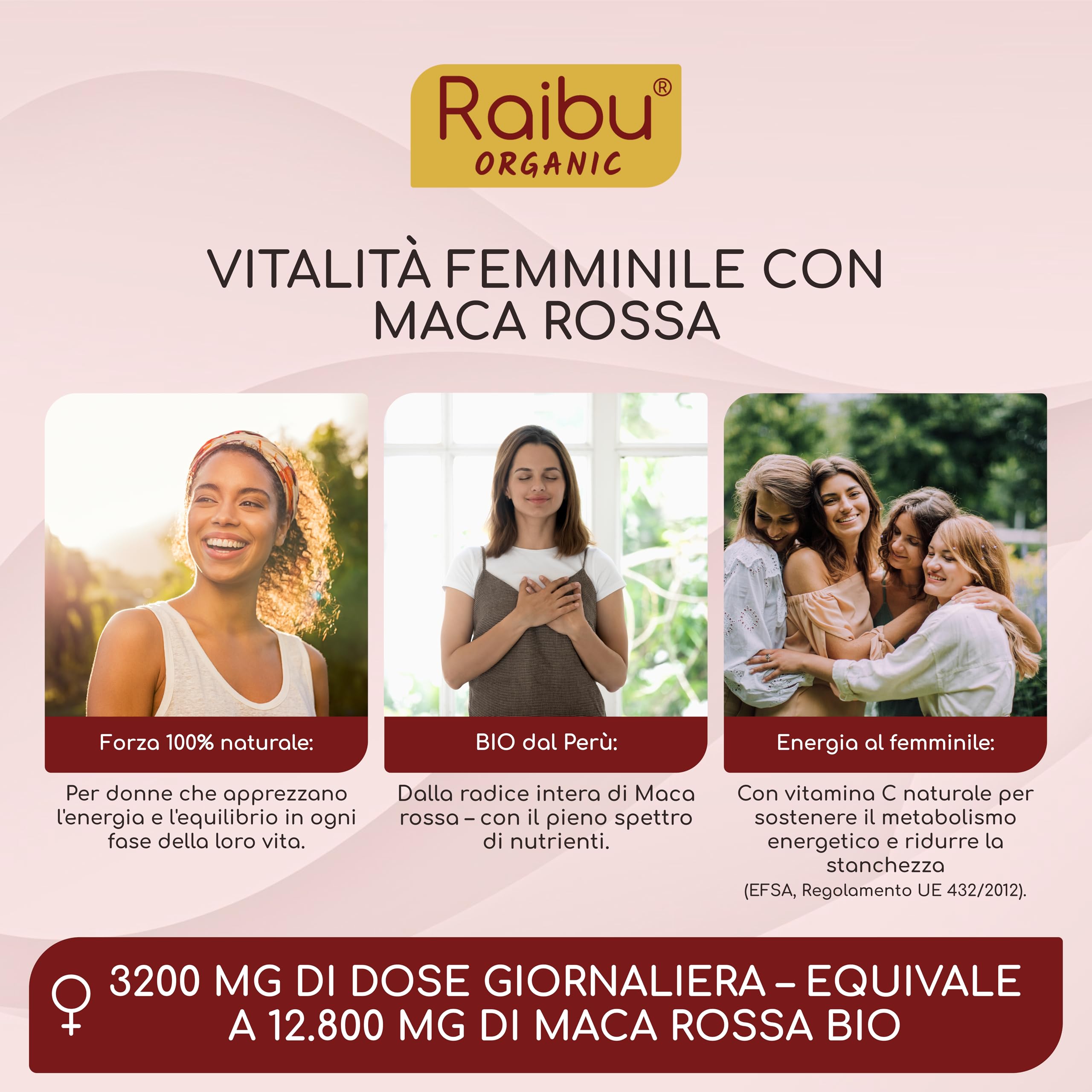 Maca Rossa Peruviana BIO - 180 capsule da radice di Maca Peruviana - Equilibrio ormonale per donna - 3.200mg per dose giornaliera (equivalenti a 12.800mg di radice del Perù) - Con vitamina C naturale