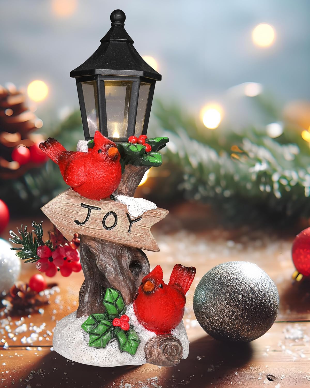 GoGnome Resin Christmas Cardinal Figurine with LED Lamppost - 9.6'' Festive Red Birds and Joy Sign - Perfect for Indoor Christmas Tabletop Decorations (Cardinal)