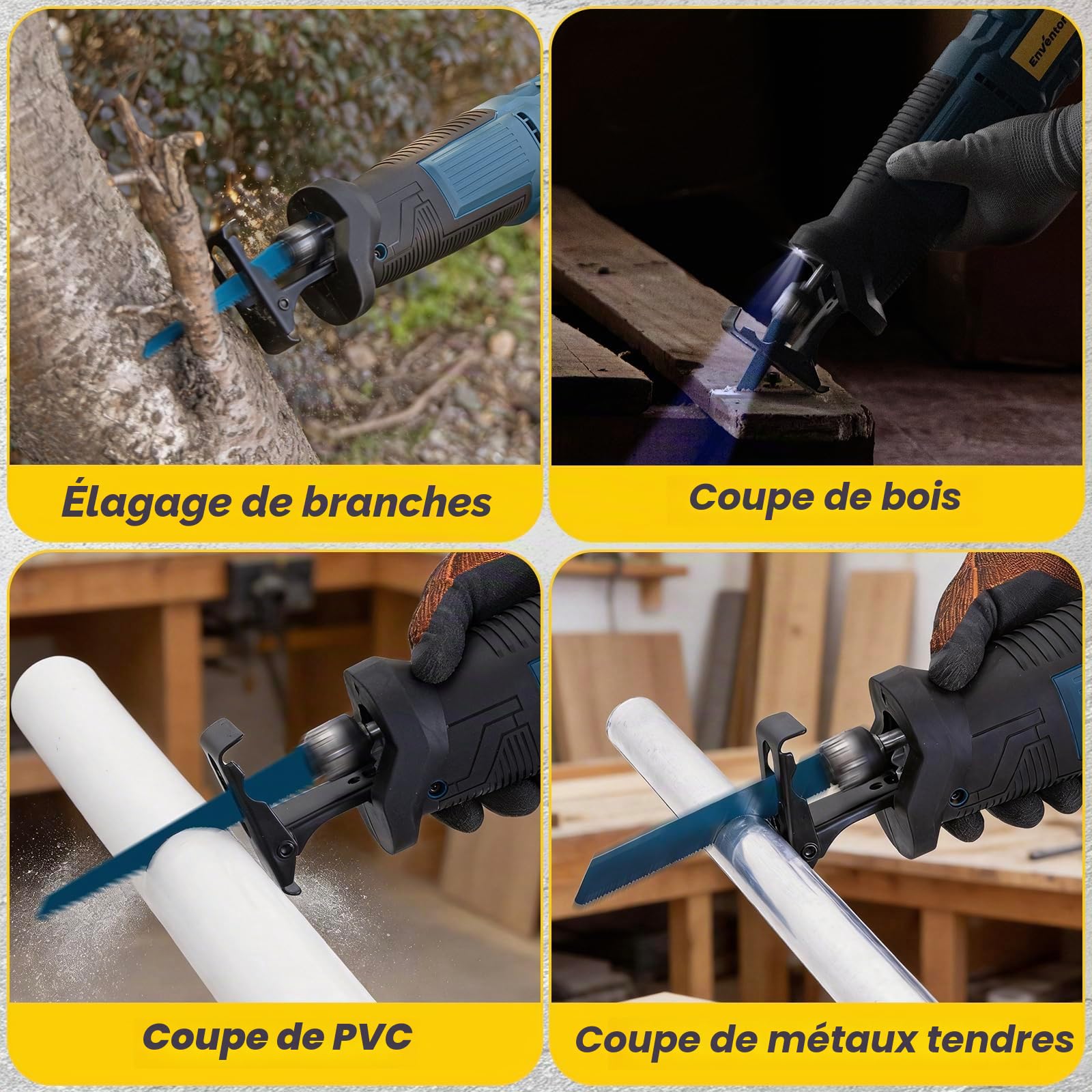 Enventor Scie Sabre 850W, 6 Lames, 2800 SPM Vitesse Variable, Course de 28mm, Changement de Lame sans Outil, Poignée Rotative à 180°, pour Bois, Métal, PVC et Élagage