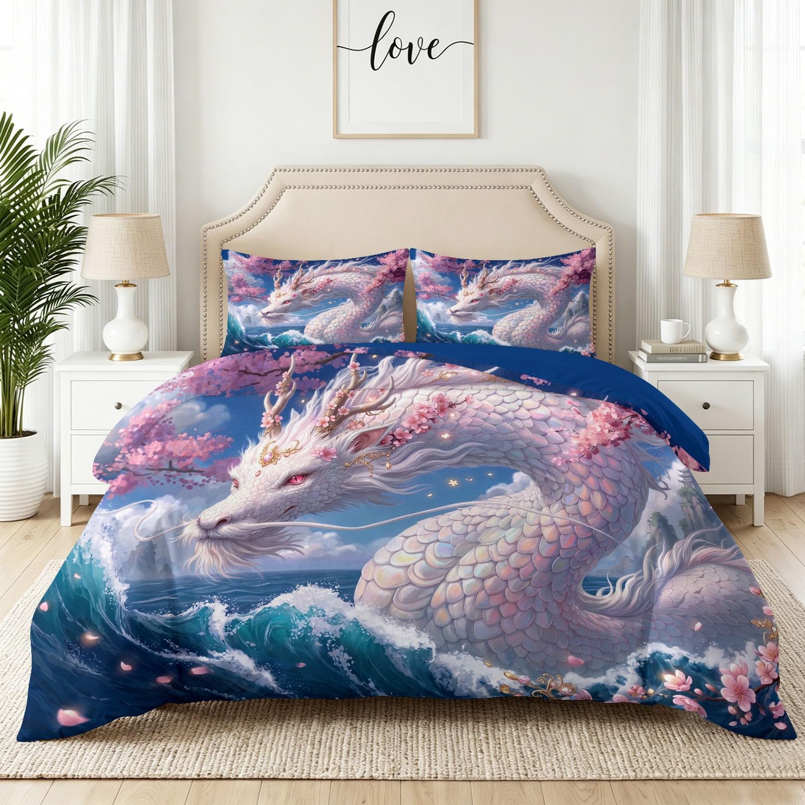 Parure de lit dragon océan 220x240 cm pour chambre zen et cocooning