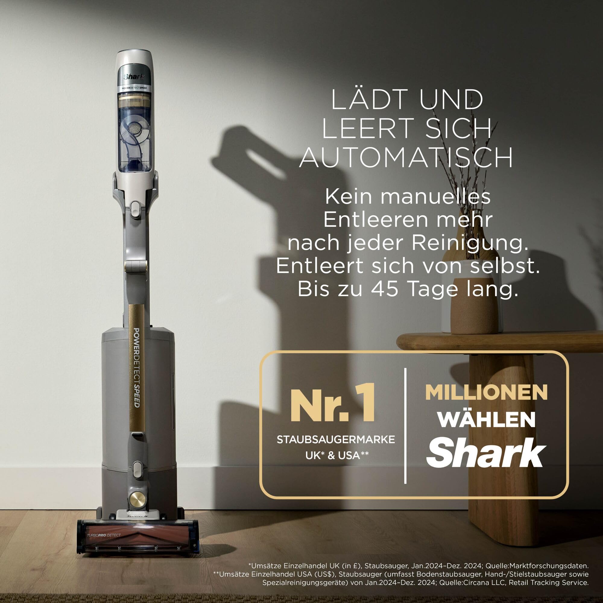 Shark Phoenix AED Luxe Akku-Staubsauger mit selbstentleerender Ladestation, HEPA-Filtration, Flexology-Wand, bis zu 60 Minuten Laufzeit, Reveal-Licht, Abnehmbarer Lithium-Ionen-Akku,IA3246EUTIV
