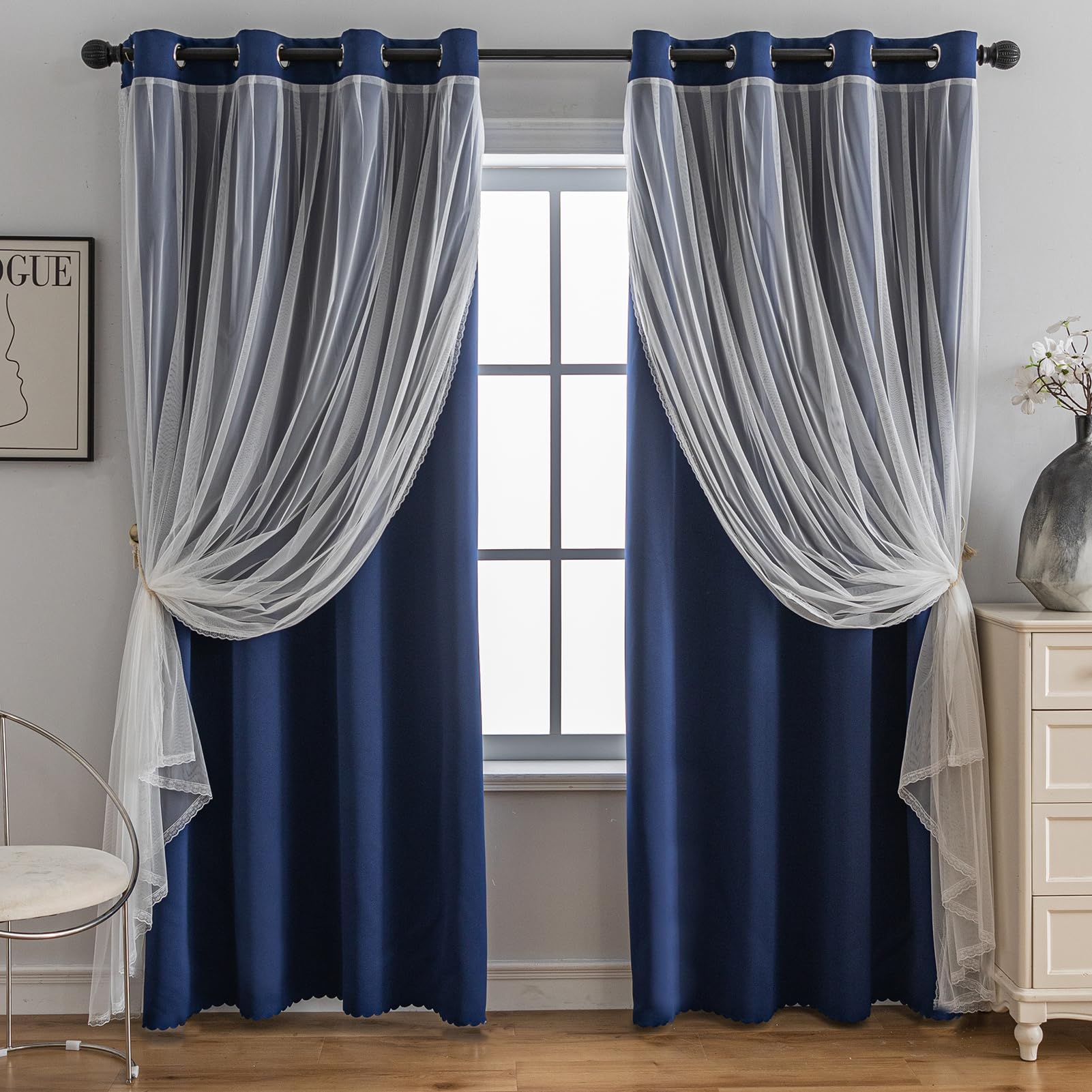 Anytime Home Curtains Blackout and Sheer Layered Solid Window Curtain Panel Pair with Grommet Top, 52Wx63L,Navy Blue