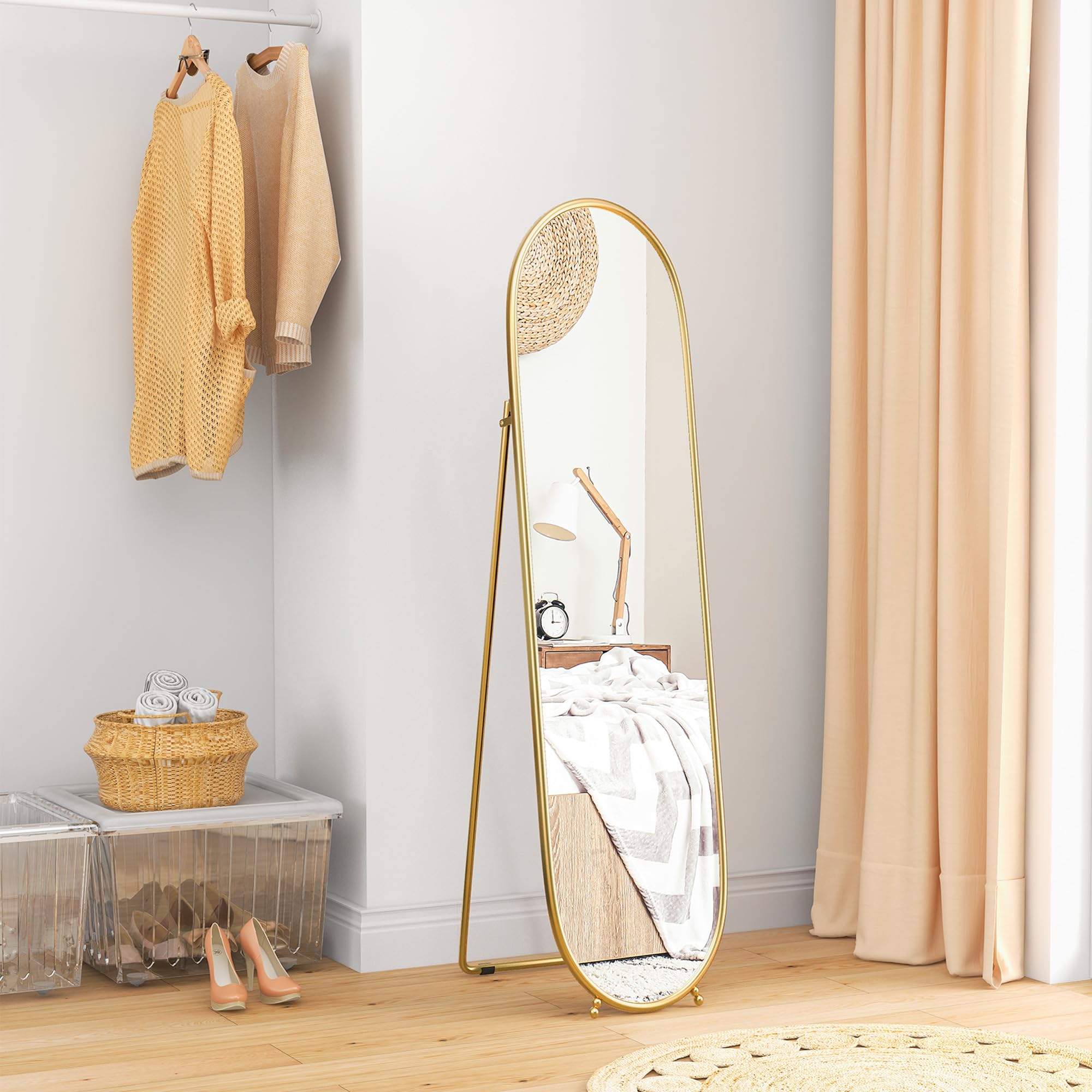 HOMCOM Grand Miroir sur Pied Ovale Cadre en métal doré 40 x 160 cm