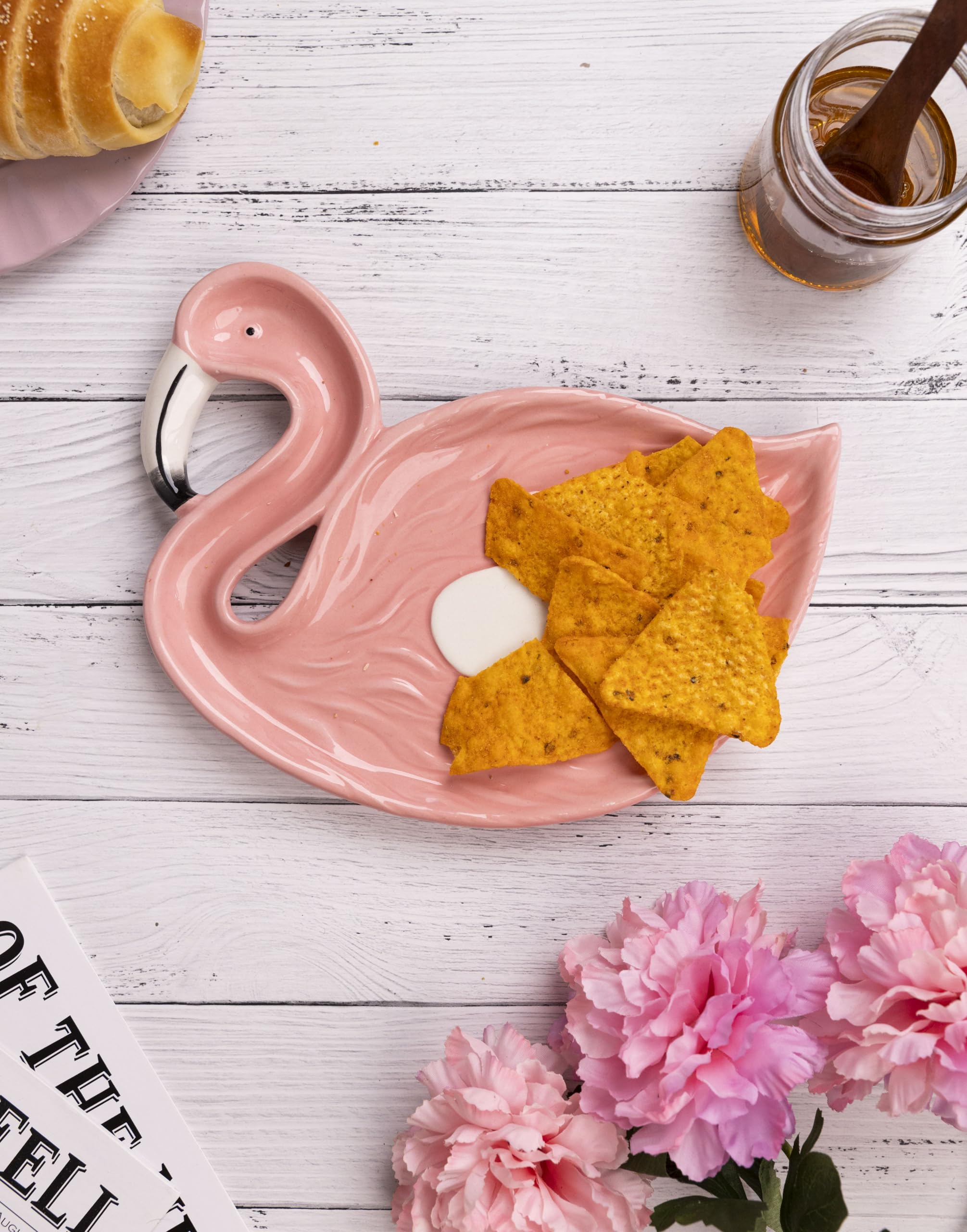 MGeezz Flamingo Design Serving Platter Tray for Kitchen, Dining Room & Centre Table, Multipurpose Ceramic Decorative Tray for Serving Snacks, Unbreakable Gifting Tray - Big 4