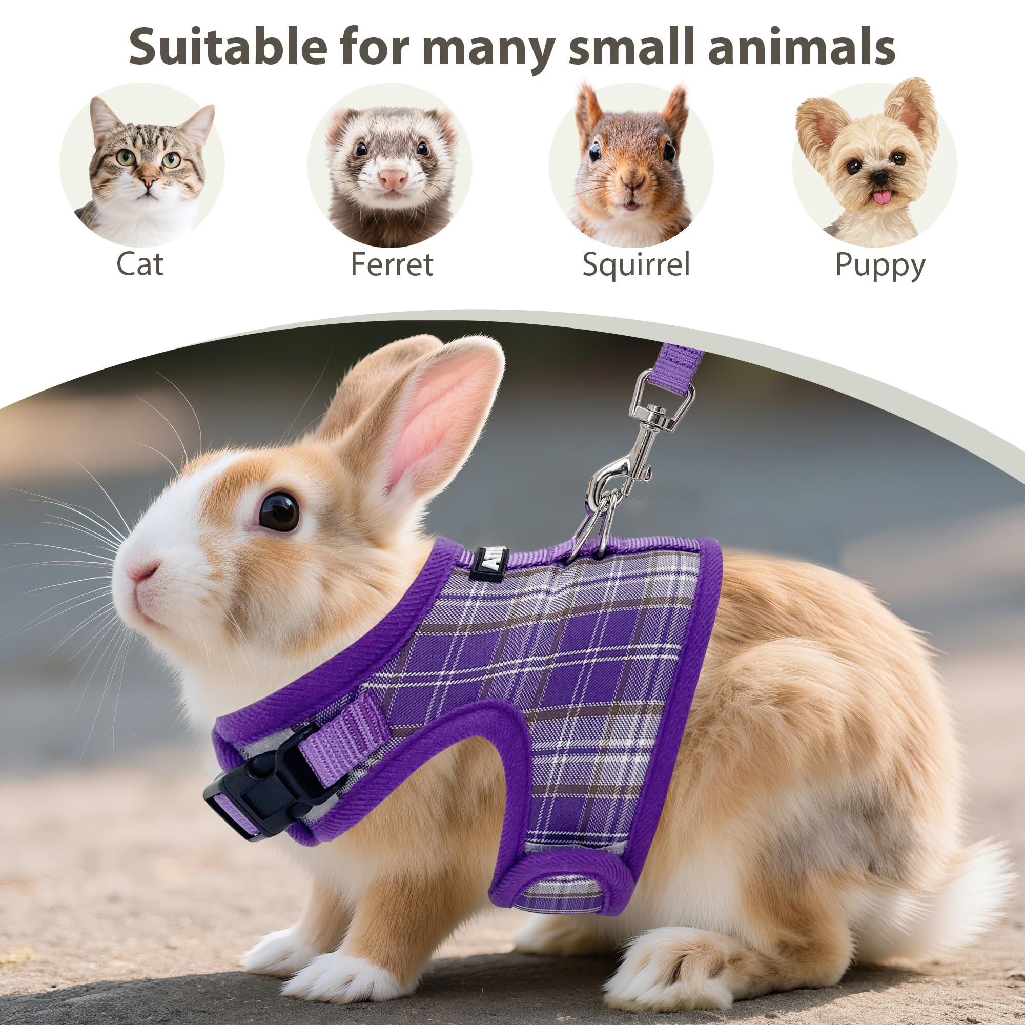 AIITLE Ensemble de harnais et laisse pour lapin anti-évasion - Design à ruban magique, rembourrage en maille à motif à carreaux léger, sans étouffement ni traction pour chiot, chat, rat, écureuil